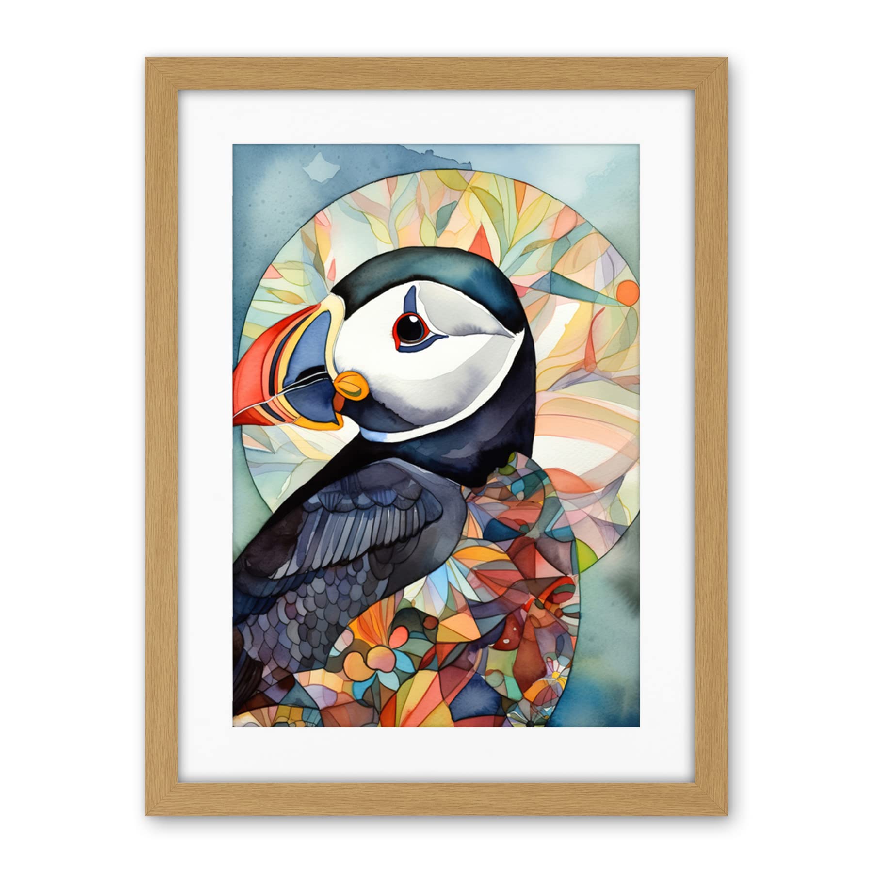 Artery8 Puffin Bird Portrait Folk Art Artwork Framed Wall Art Print 18X24 Inch