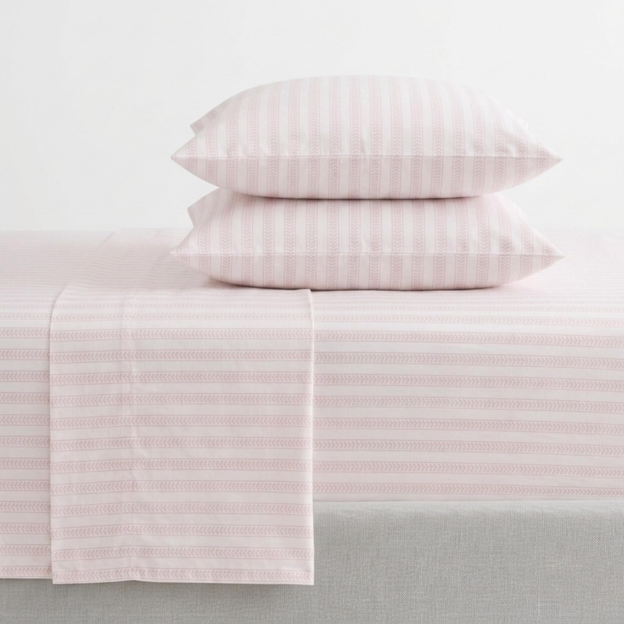 Martha Stewart - Twin Size Sheet Set, Crisp &amp; Tailored Sheets with a Smooth Cotton Percale Feel - Striped Bed Sheets with Matching Pillowcase &amp; Fitted Sheet (Leaf Stripe Pink)