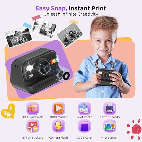 Miniatura 2 de Cámara de impresión instantánea para niños, regalos de cumpleaños para niñas y niños de 3 a 12 años, cámara de video 1080P para niños, ideas de