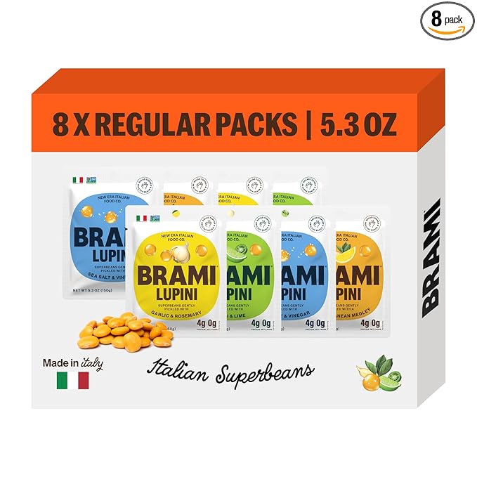 BRAMI Lupini Beans Snack, Variety Pack | 7g Plant Protein, 0g Net Carbs | Vegan, Vegetarian, Keto, Plant Based, Mediterranean Diet, Non Perishable, 5.3 Ounce (Pack of 8)