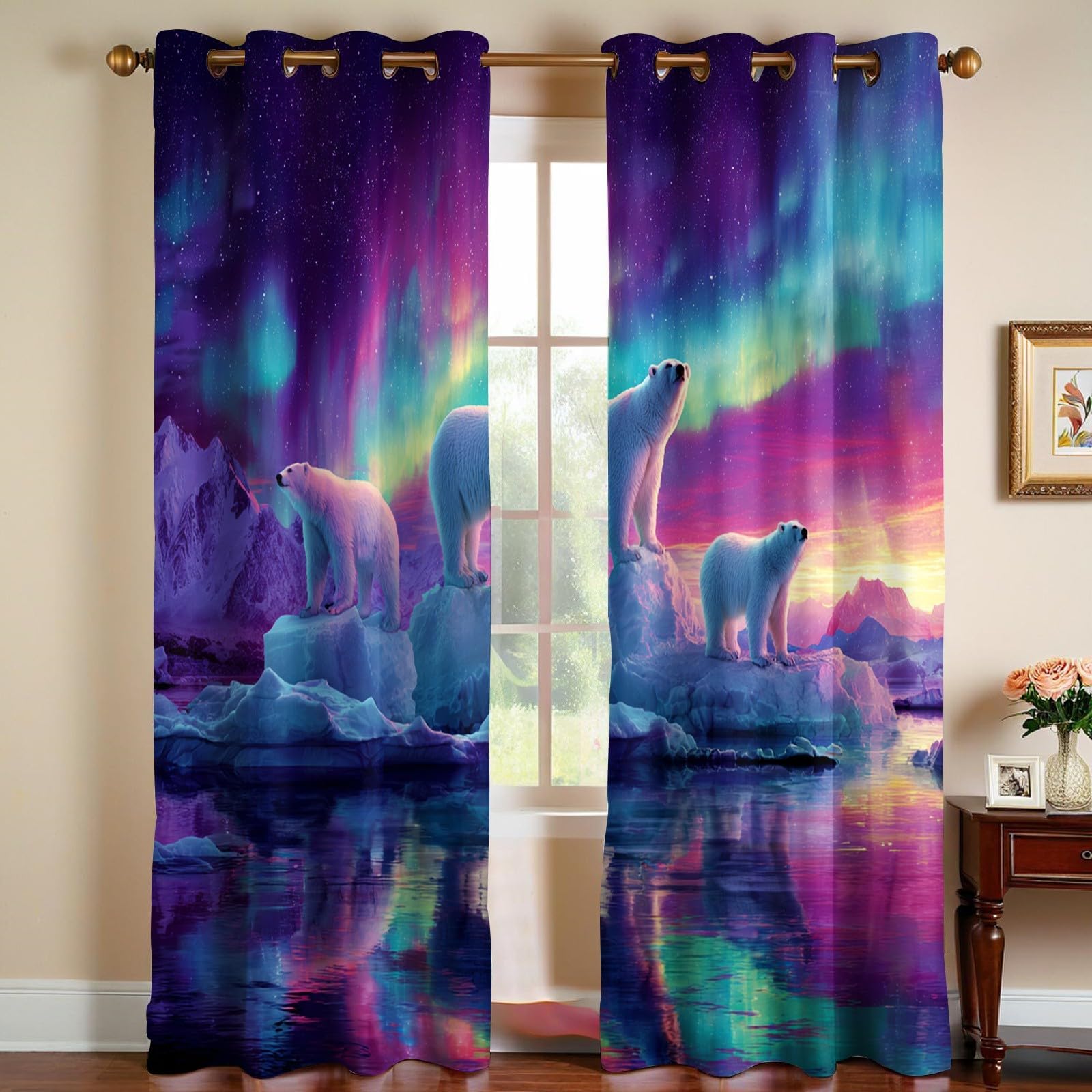 Zasłony zaciemniające z niedźwiedziem polarowym 2 x 130 x 215 cm (szer. x wys.) Zorza polarna, izolująca termicznie zasłona z oczkami, do pokoju dziecięcego, salonu, sypialni, zestaw 2 sztuk