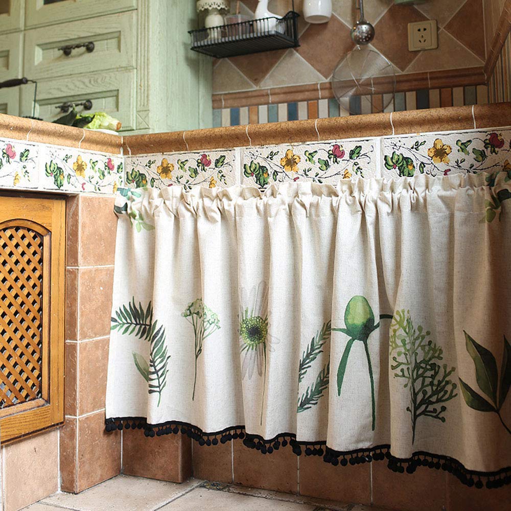 Cortinas de cocina rUrEu beige con estampado floral de media ventana y 168x58 cm