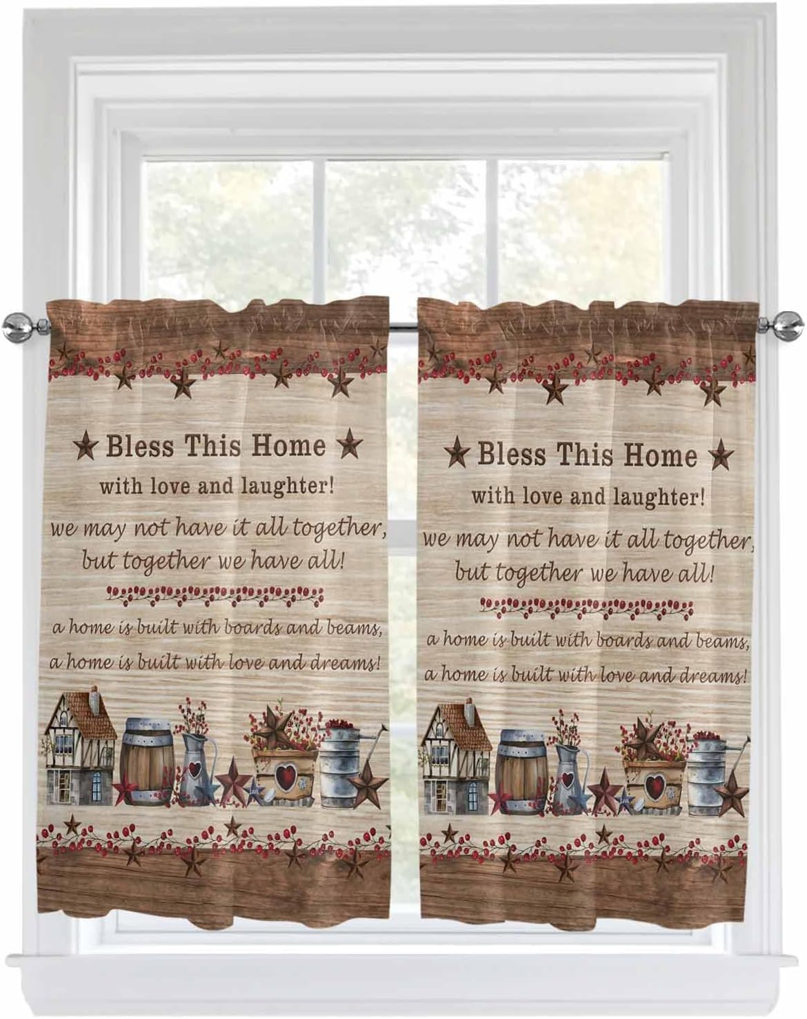 DecorLovee Heart Shaped Basket Country Star Brown Wood Grain Words Red Berry Rod Pocket Curtains 52 x 72 Inches Long Kitchen Curtains for Bedroom, French Door Half Window Curtain for Patio Door