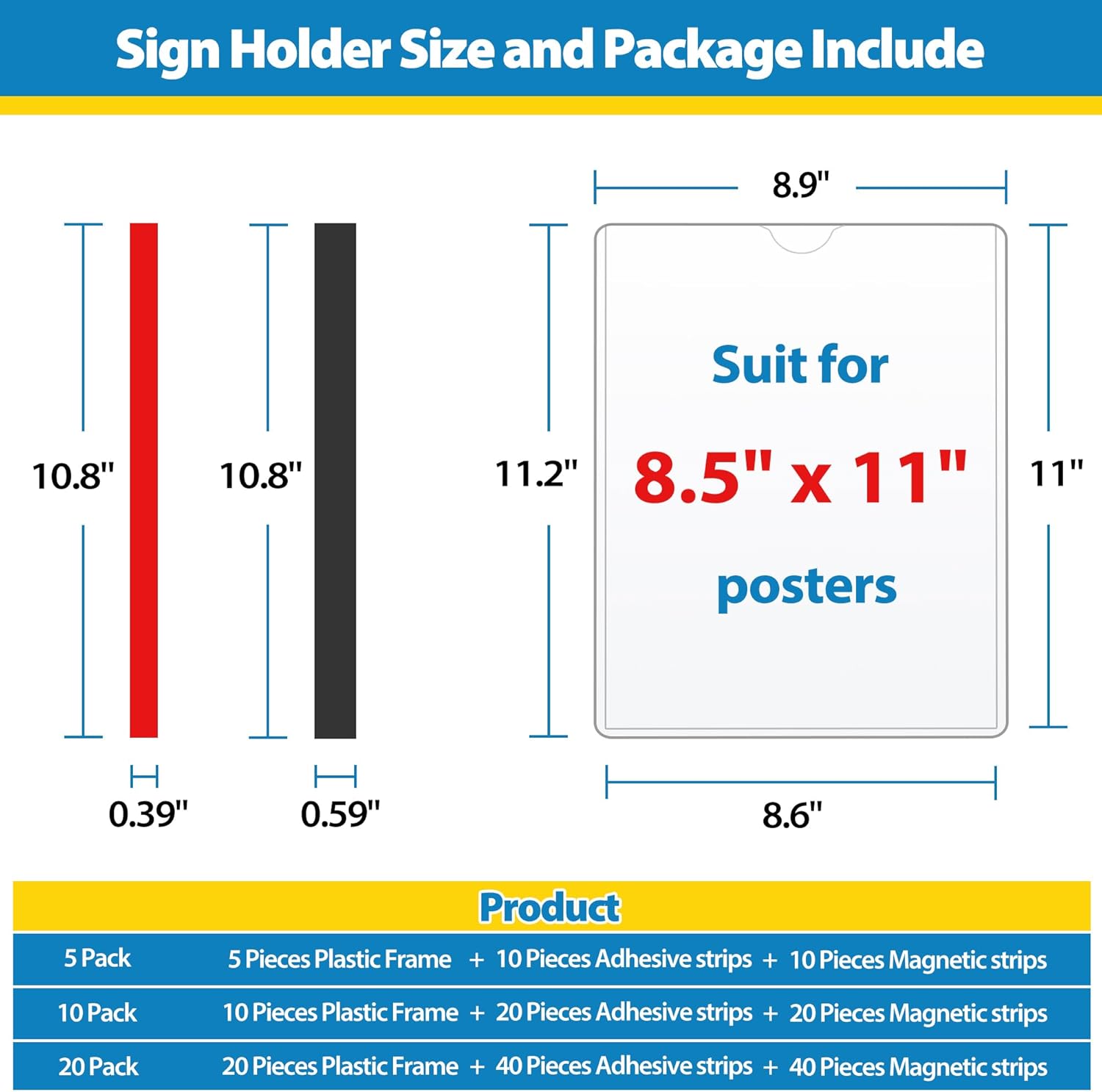 20 Pack Wall Sign Holder 8.5x11 Magnetic Plastic Sign Holder with Magnetic and Adhesive Tapes, Adhesive Clear Display Sign Frame for Fridge, Metal, Wall, Door, Document Protectors Holders