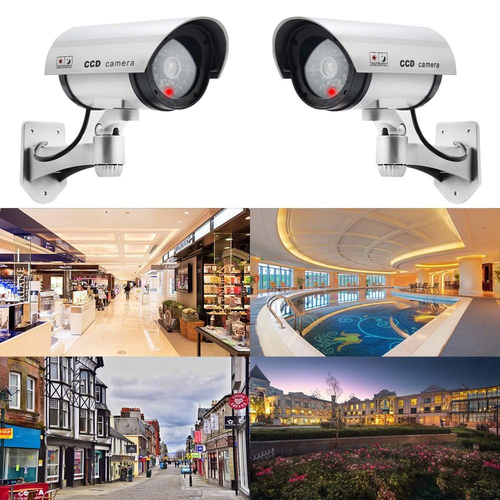 ERWEY Dummy kamera do monitoringu CCTV z migającym światłem LED, 4 sztuki (srebrna)