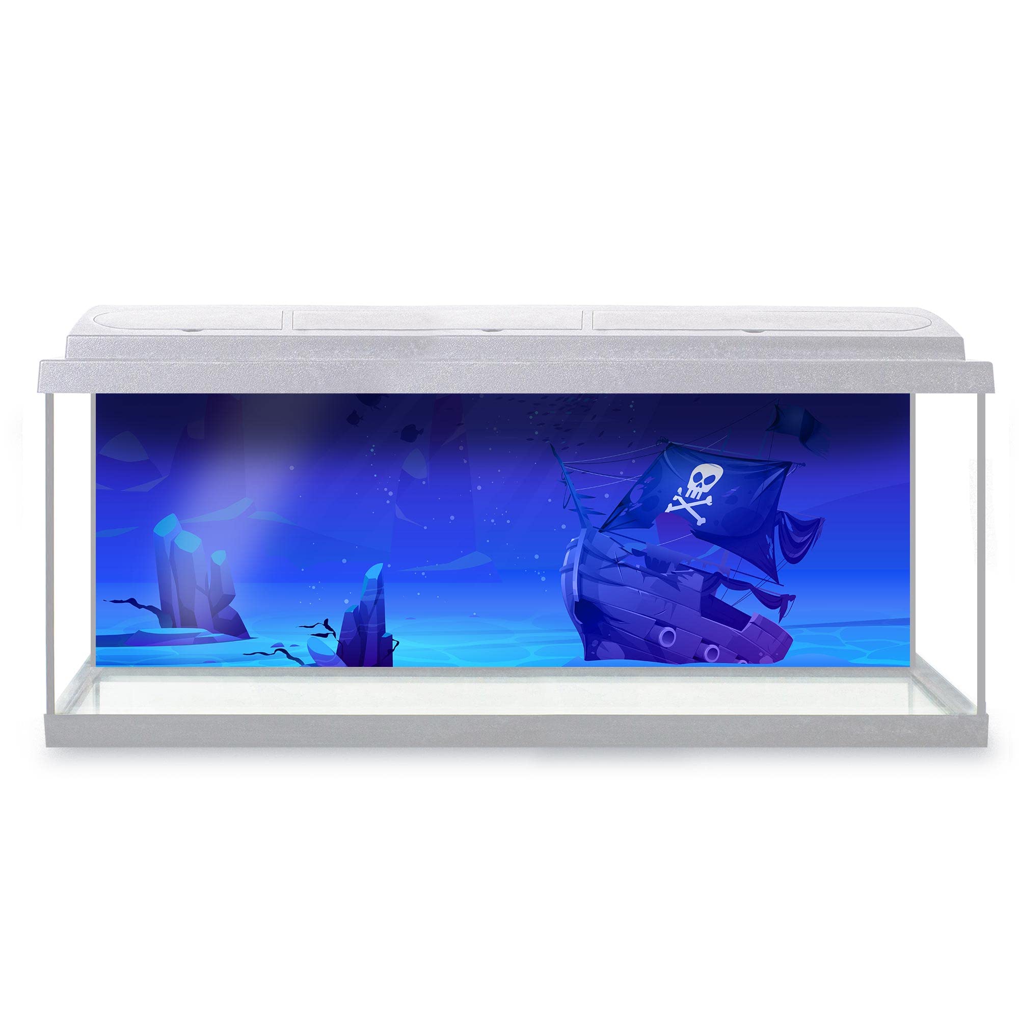 Aquarium Fish Tank Background 123x42 cm - Pirate Ship Sunken Filibuster Vessel Wooden Boat Jolly Roger Flag Sandy Bottom Cartoon Static Cling Vinyl Vivarium Terrarium External Application #500127 — image 1