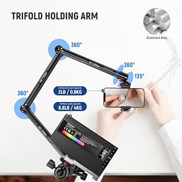 NEEWER Upgraded Overhead Camera Rig with Trifold Camera Boom Arm (Max Load 2lb), 47/1.2m Telescopic Desk Mount Stand (Max Load 8.8lb) with Phone Clamp Ball Head for LED Light Webcam Mic, TL253A+MH022