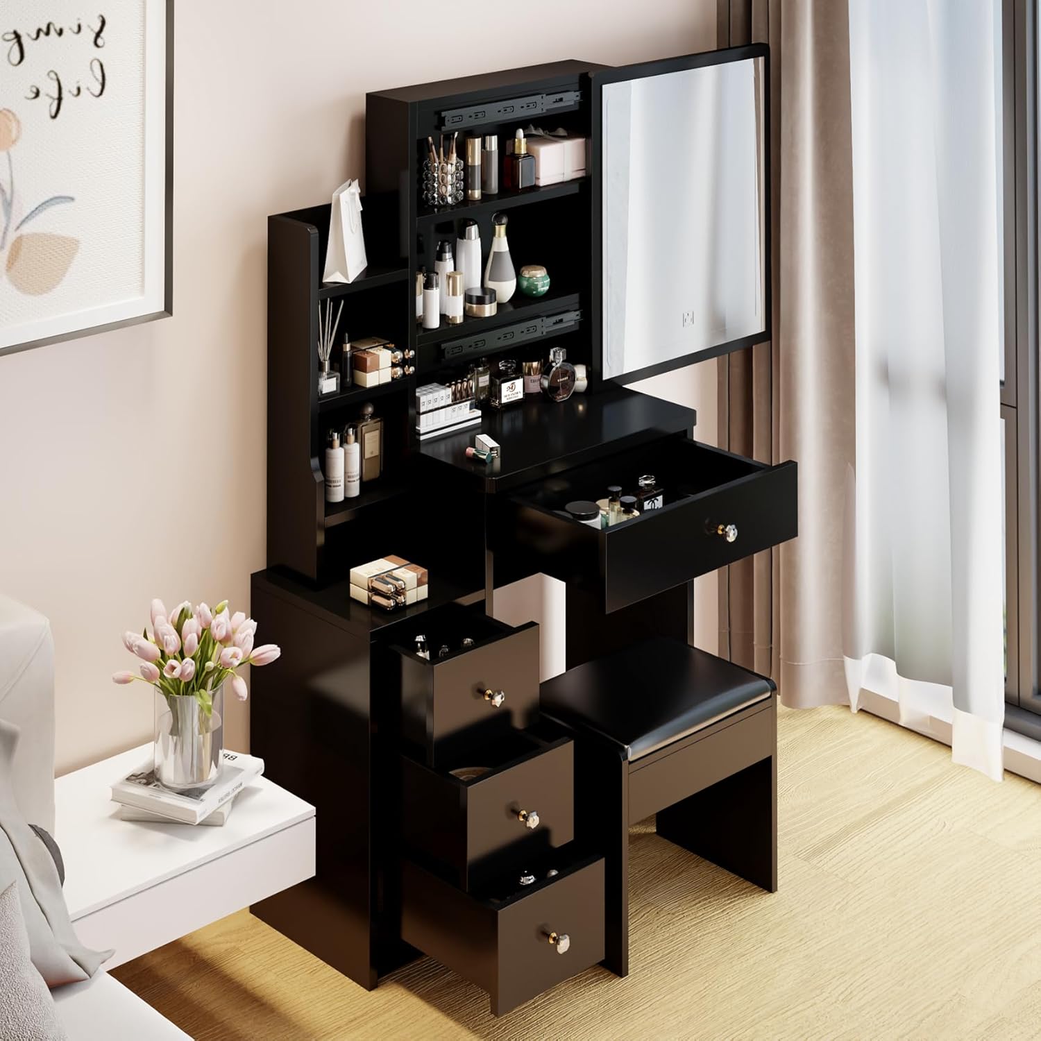 29.2" W Small Vanity Desk with Sliding Mirror, Black Makeup Vanity Set with 4 Drawers and 5 Shelves, Dressing Table with Cushion Stool for Bedroom, Girls and Women