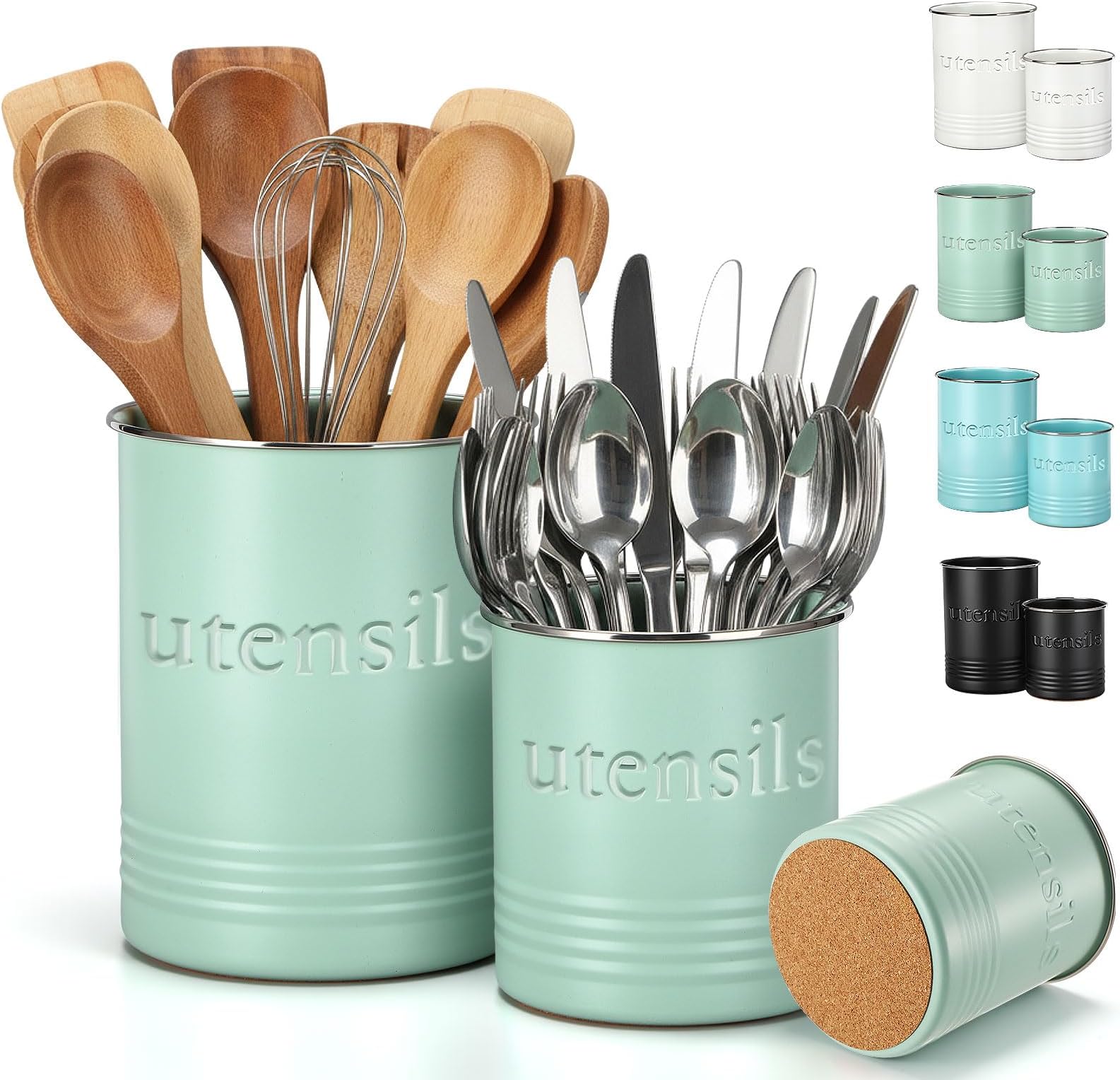 2 Pack Kitchen Utensil Holder for Counter 6.7"+4.7" Farmhouse Cooking Utensil Crock with Cork Bottom Modern Farmhouse Decors Countertop Storage Organizer Caddy Housewarming Gift(Sage Green)