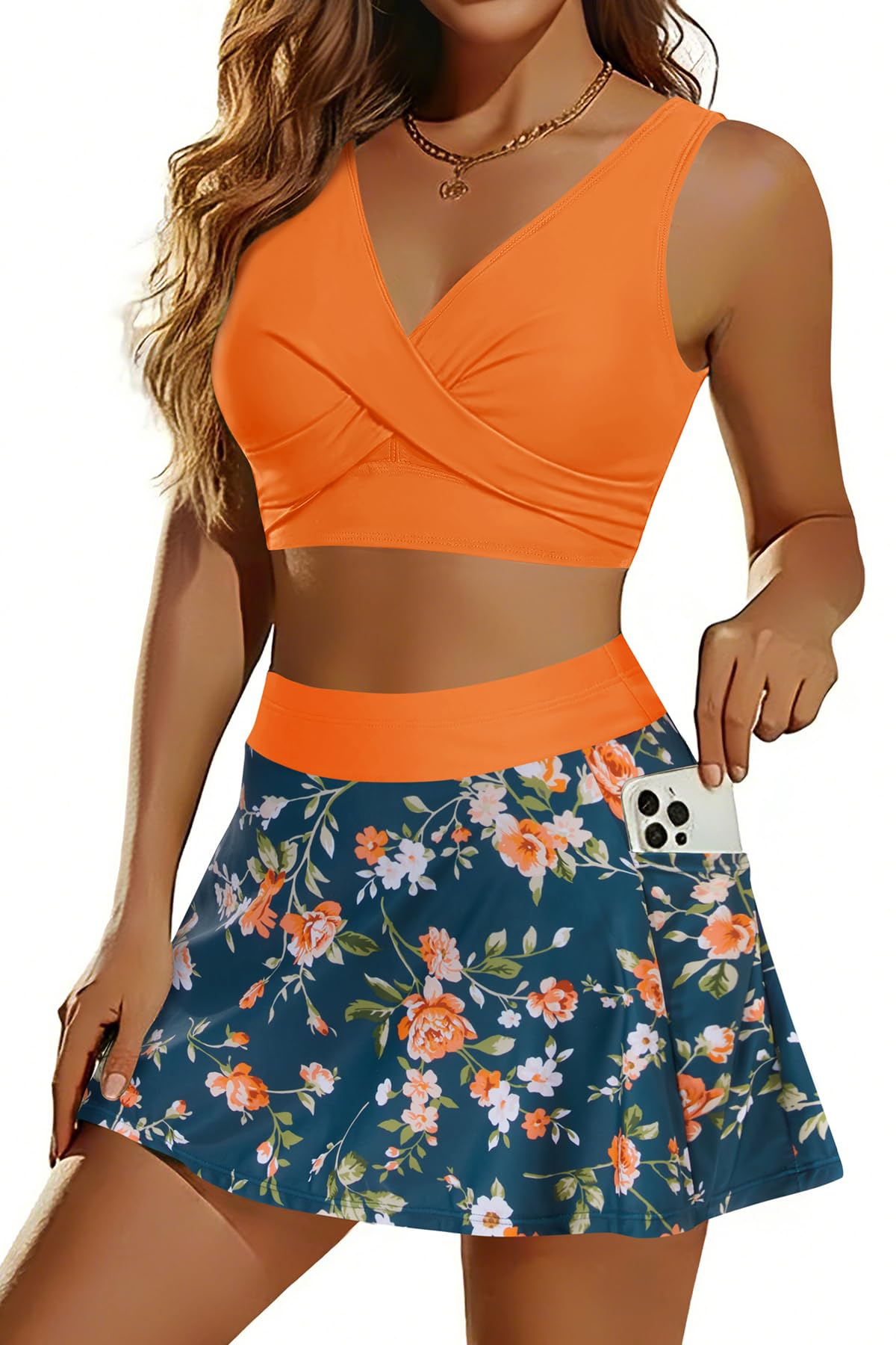 Photo 1 of Aqua Eve Two Piece Bikini Skirt Swimsuit - Orange Flowers L