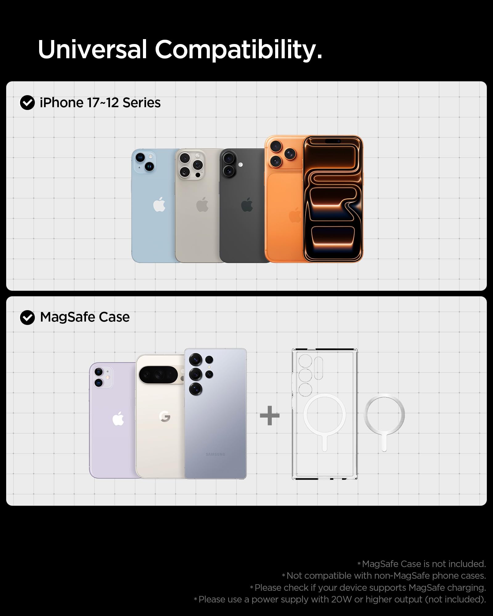 Spigen Essential 15W Caricatore Wireless MagSafe Stazione di Ricarica Magnetica Rapida [Cavo USB-C 60W Incl.] per iPhone 17 16 15 Pro Max 17e & Custodie MagSafe per Samsung Galaxy S26 Pixel 10 10a