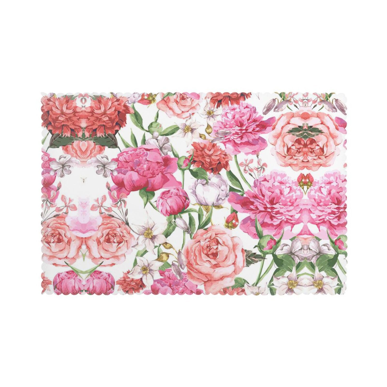 Garden Peony Print Placemats Set Of 6, 12x18 Inch Polyester Washable Heat Resistant Kitchen Dining Table Mats