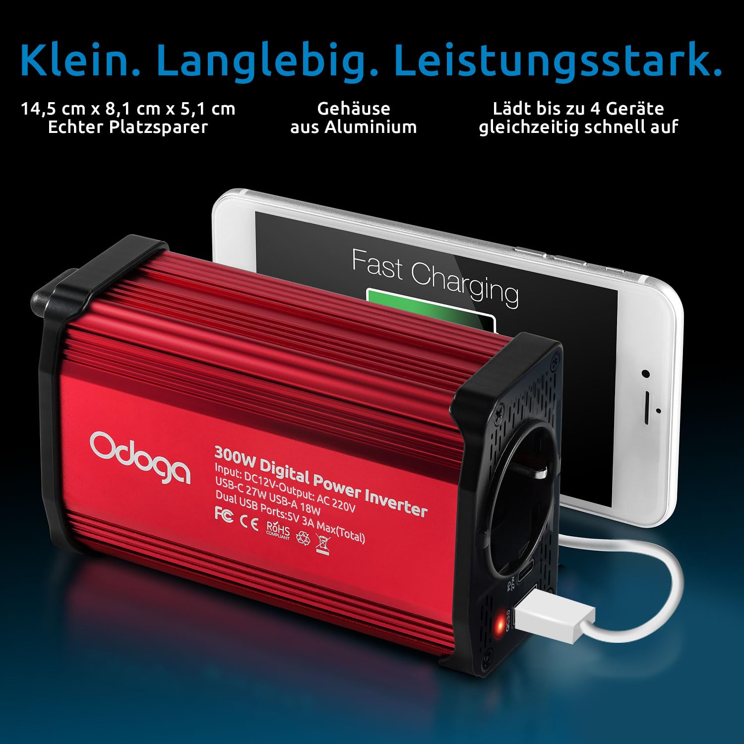 Odoga Wechselrichter 12V auf 230V – 300 W Spannungswandler, Stromwandler mit 3A USB-C und USB-A Anschluss, Inverter 12V 220V, Auto Steckdose, Laden Sie Ihr Laptop, iPad, iPhone, Tablet Und Mehr