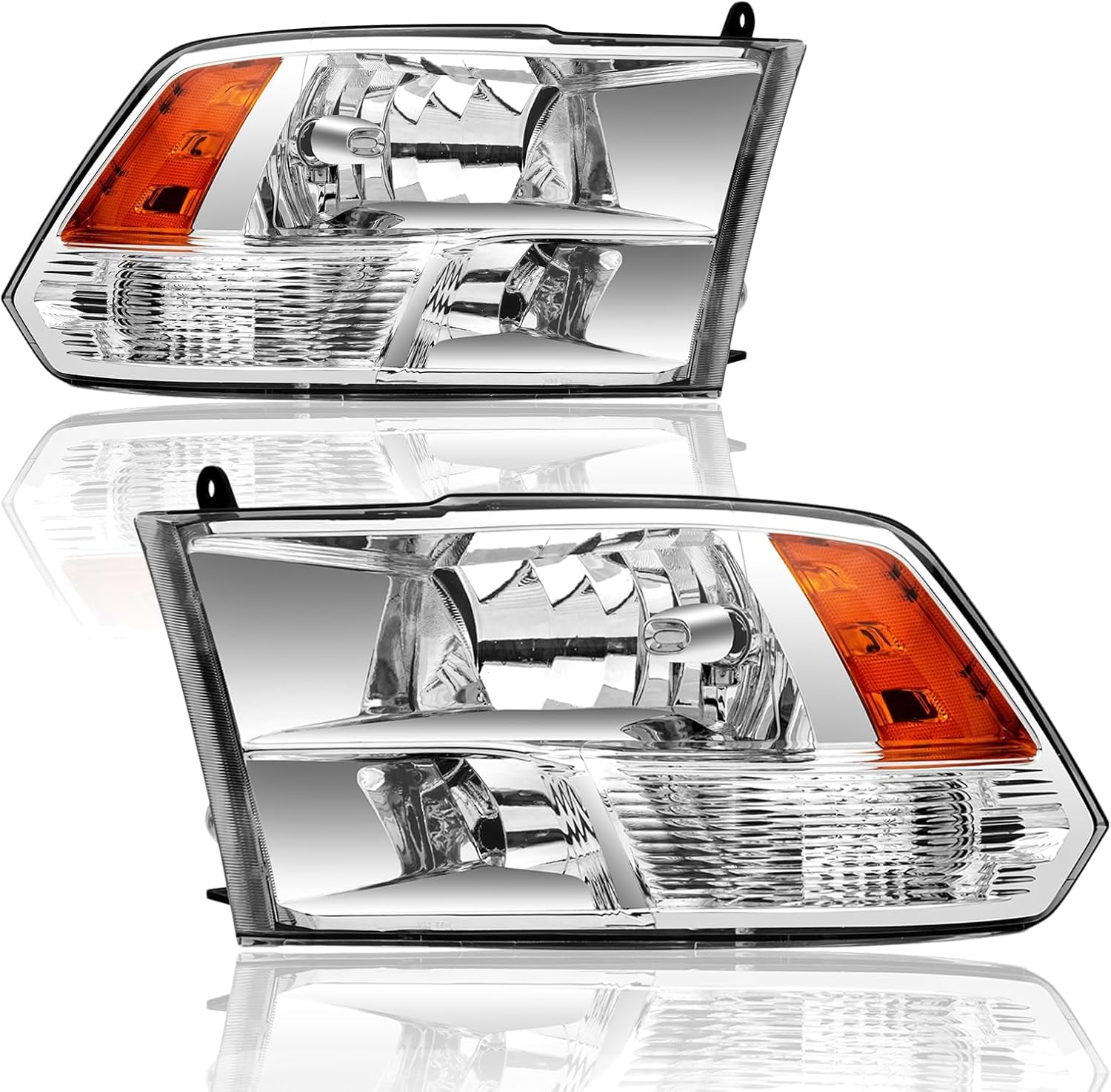 Headlight Assembly for 2009 2010 2011 2012 2013 2014 2015 2016 2017 2018 Dodge Ram 1500,10-18 Ram 2500 3500 Halogen Headlamp Replacement Pair, Chrome Housing Amber Corner