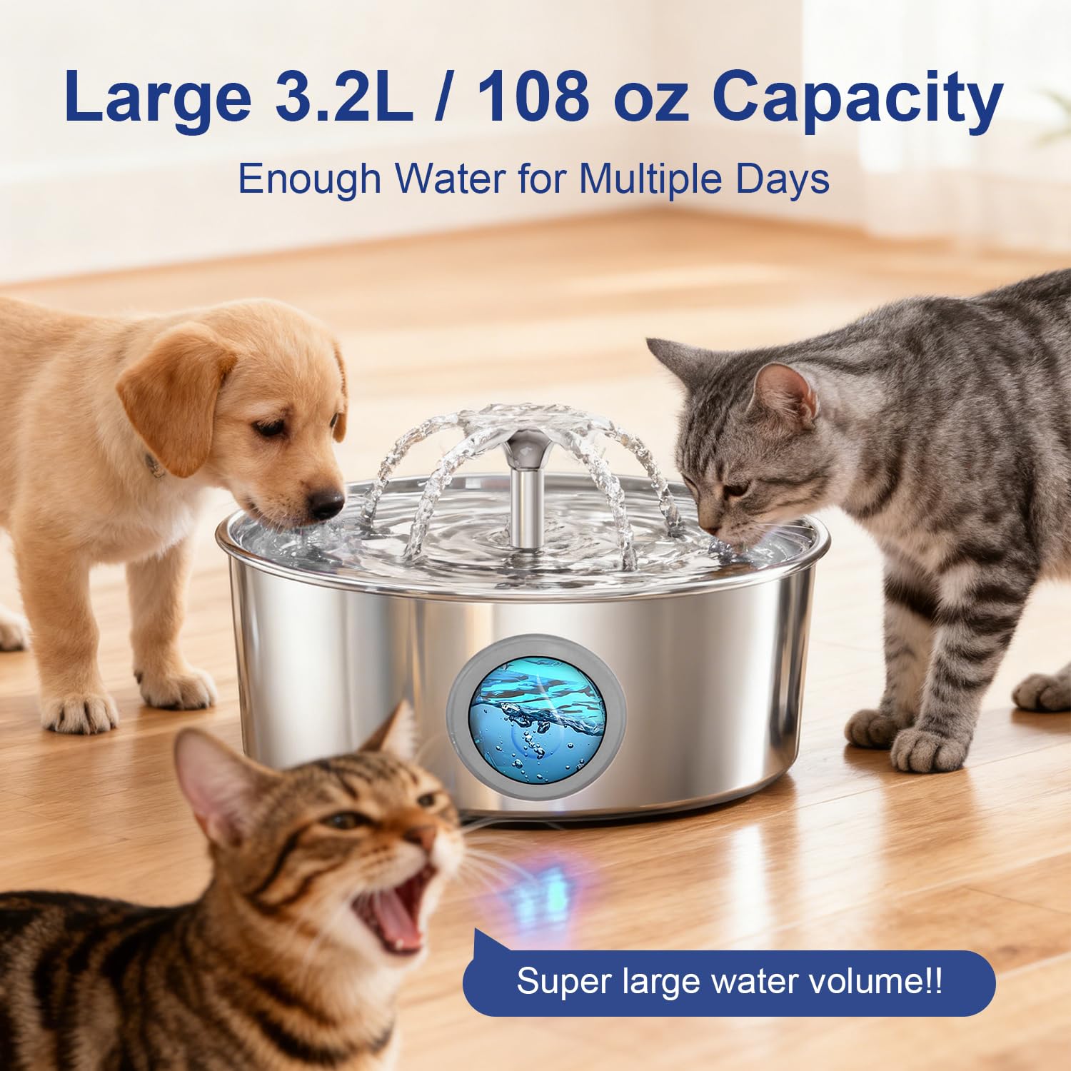 LucidShine 108oz/3.2L Stainless Steel Cat Water Fountain with 8 Replacement Filters（Up to 8-Month Supply）, Automatic Pet Drinking Fountain for Multi-Pet Households, Ultra Quiet Pump & Dishwasher Safe - image 6