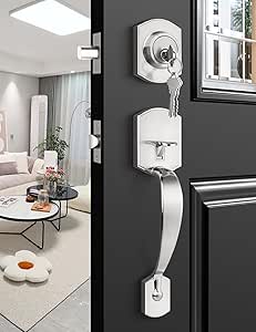 Tinewa Front Door Handle And Deadbolt Set - Brushed Gold, Lower Half Handleset, Reversible Lever