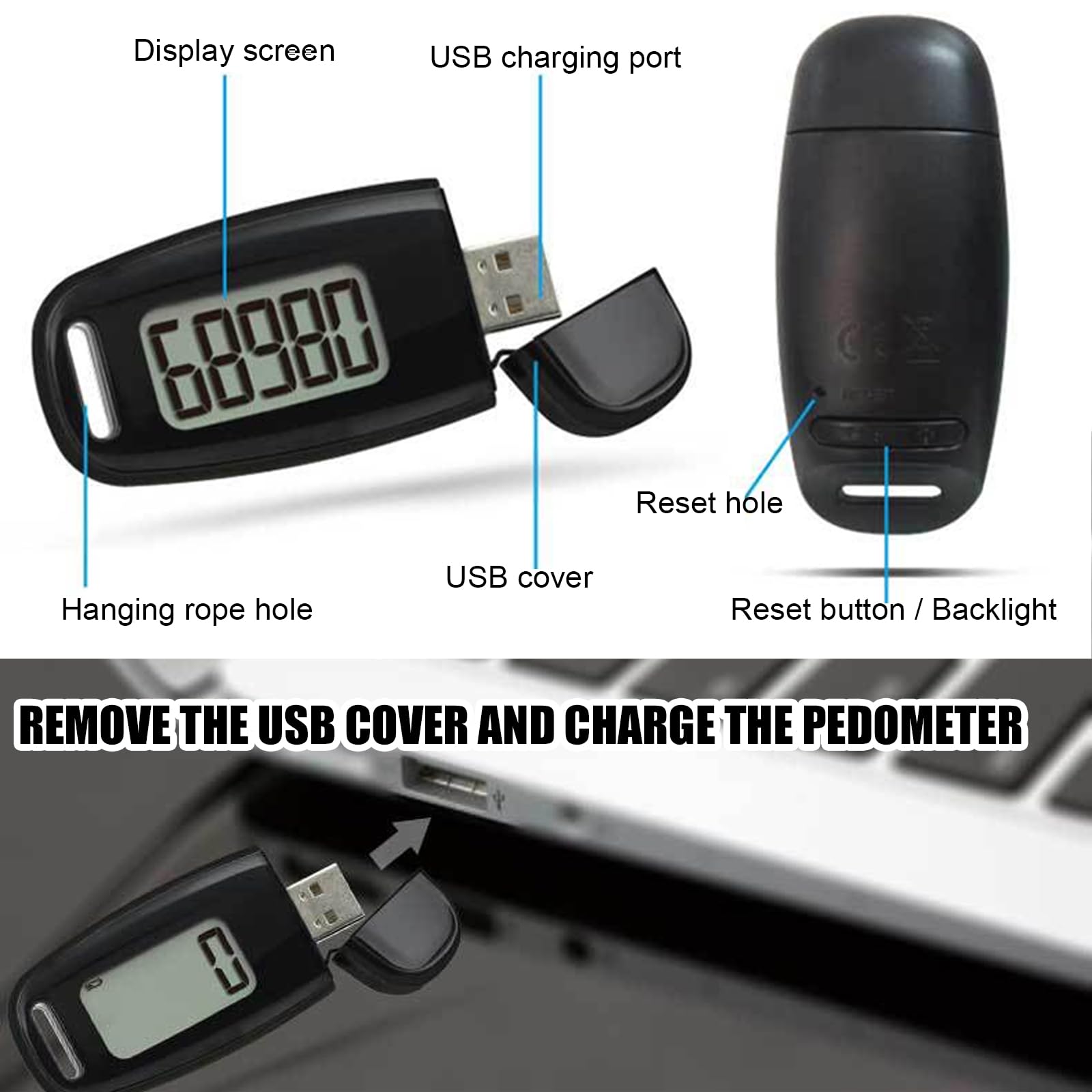 Podomètre 3D avec clip et sangle, rechargeable par USB, podomètre pour la marche, grand écran, podomètre sans application ni téléphone portable, suivi des pas précis