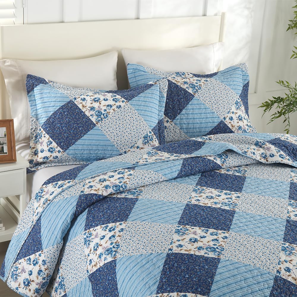 Autumn Dream Cotton Bedspread Quilt Sets Reversible Rustic Coverlet Sets Comforters White Blue Rose Floral Patchwork Pattern Bedding Sets,Queen Size
