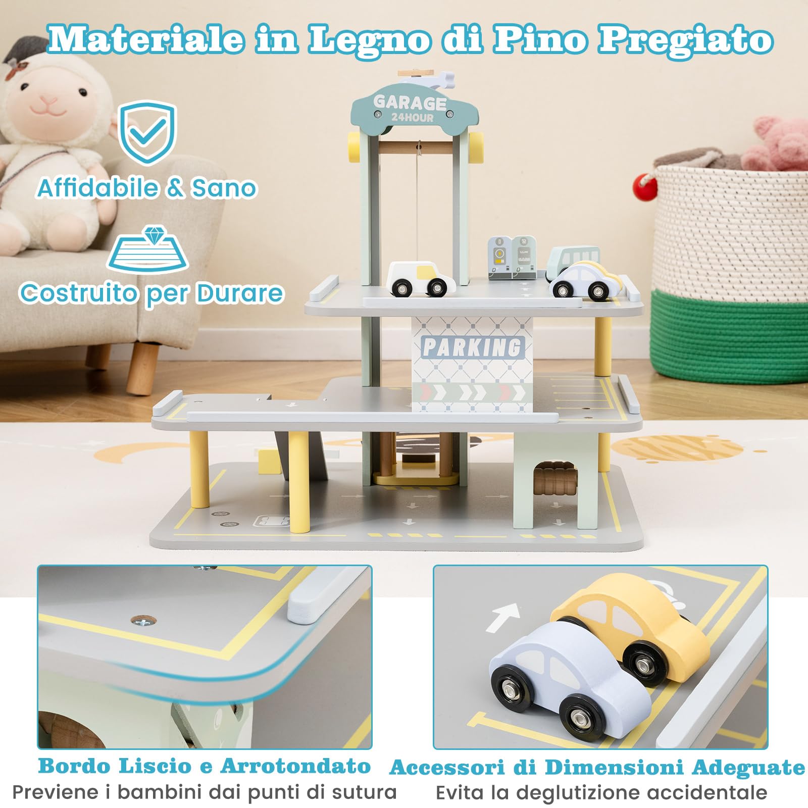 COSTWAY Set di Gioco Garage per Parcheggio, Garage di Giocattolo in Legno a 3 Strati con 4 Auto, Stazione di Servizio, Ascensore, Barra di Sollevamento, per Bambini di 3+ Anni