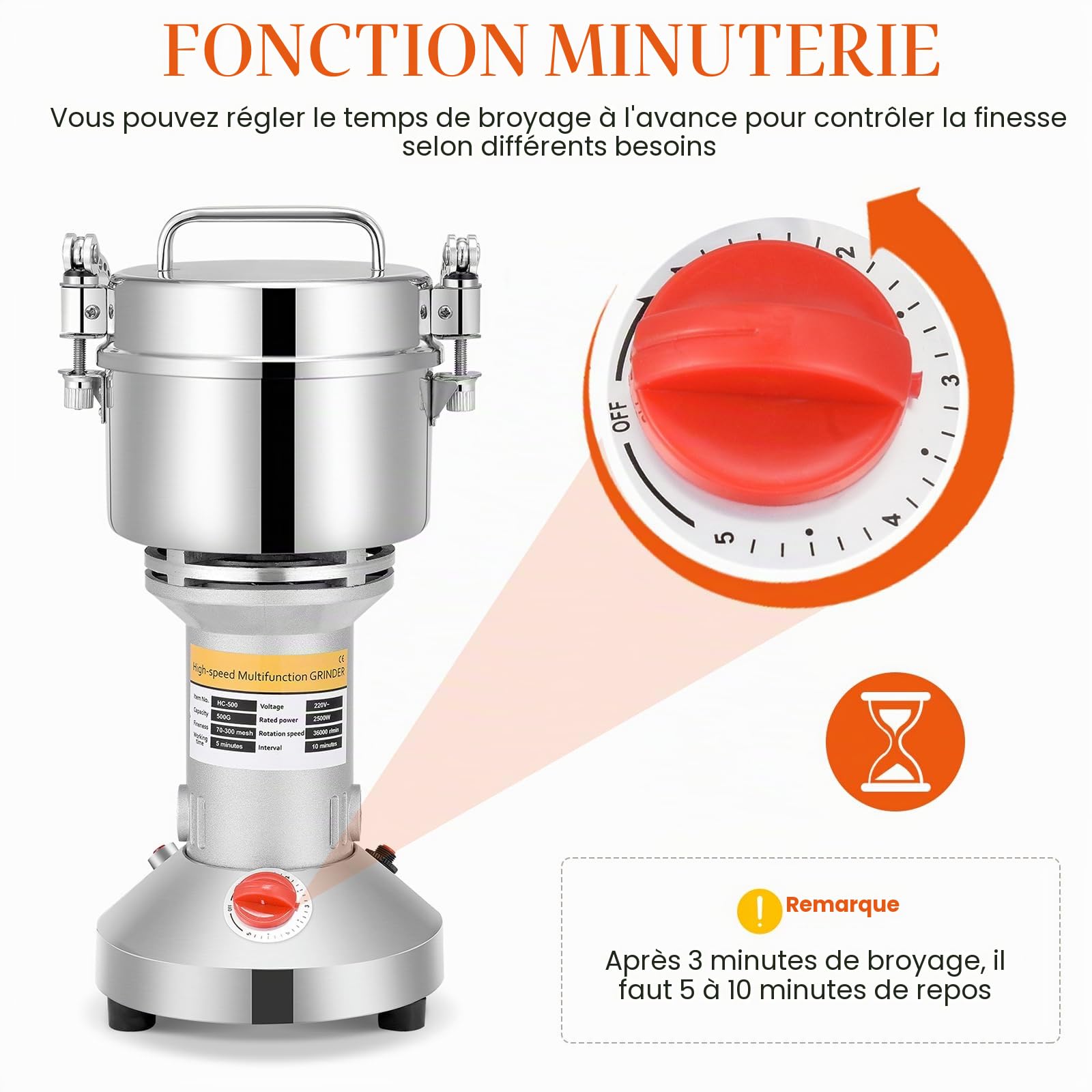 Moulin à Grains Électrique, Aomdom 500 g Grinder Electrique en acier inoxydable moulin cereales à grande vitesse 28000 tr/min Moteur puissant 30 s broyage fin pour grain de cuisine Épice Café Maïs