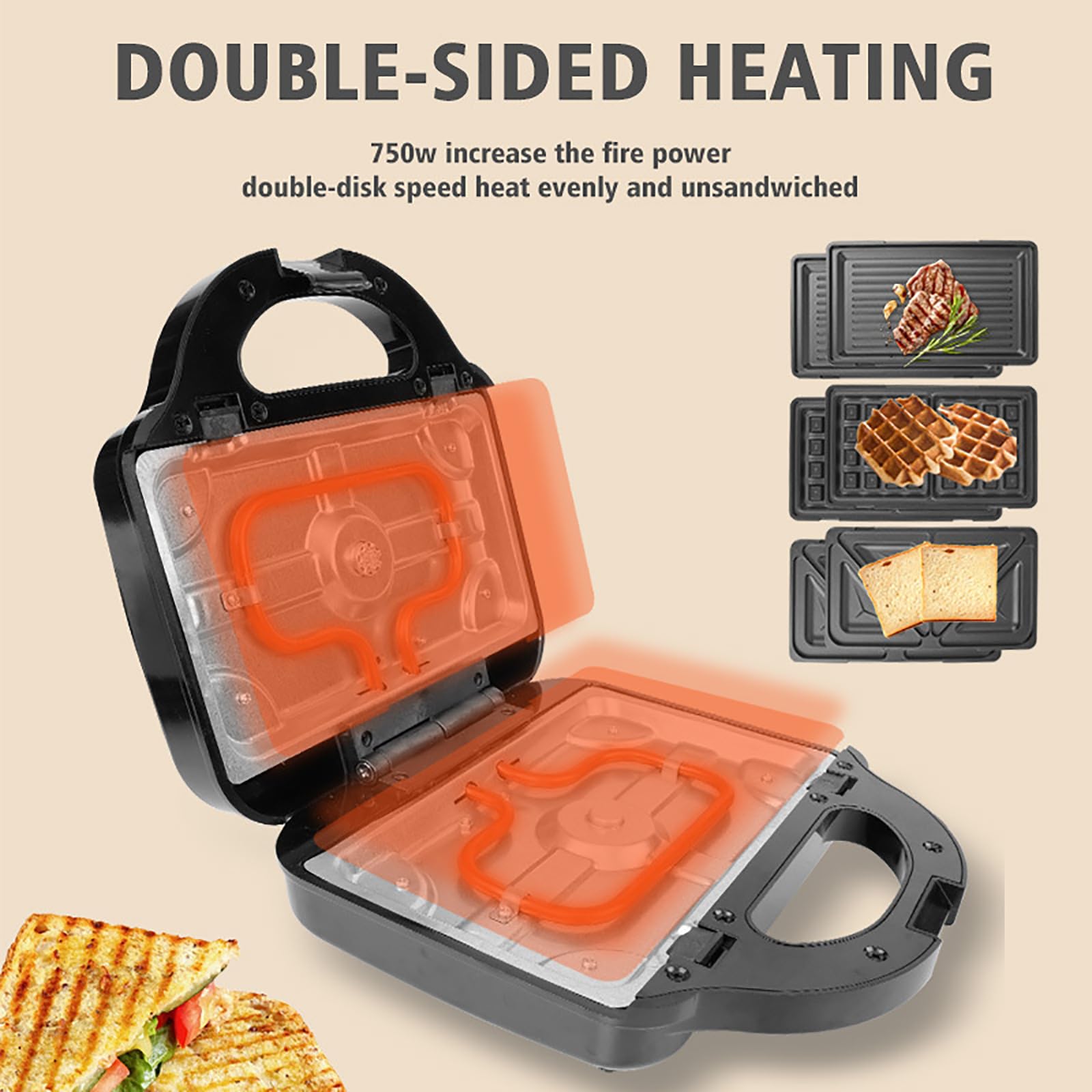 Máquina para hacer gofres 3 en 1, bandejas de cocción antiadherentes con 3 sartenes, tostadora para sándwiches de fácil operación para hacer gofres, sándwiches y croquetas de patata individualmente
