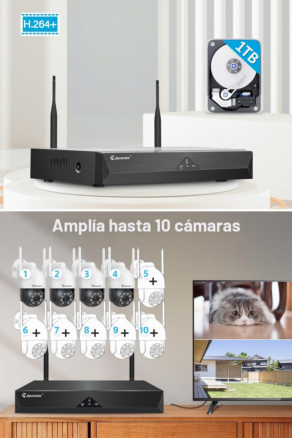 【5MP+360°PTZ】 Jennov Kit Cámaras de Vigilancia, 10CH 5MP NVR y 4X 5MP Cámara PTZ WiFi con Visión Nocturna en Color, Audio Bidireccional, Grabación 24/7, Detección de Personas, Seguimiento Automático