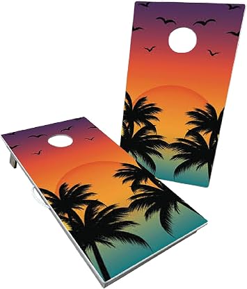 Cornhole365 Professional Cornhole Board Set - Regulation Size, Heavy Duty, Solid Wood Cornhole Board Set w/UV Direct Print Set of 2, Ideal for Outdoor Games & Tournaments - Sunset & Palm Trees