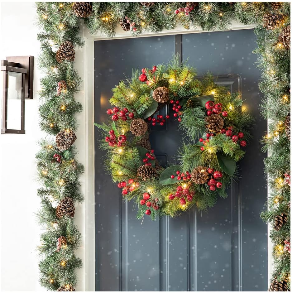 Glitzhome 24 Inch Berry Magnolia Leaf Pinecone Wreath with Lights, Artificial Christmas Wreath for Front Door Indoor Outdoor Xmas Party Fireplace Window Wall Deecr