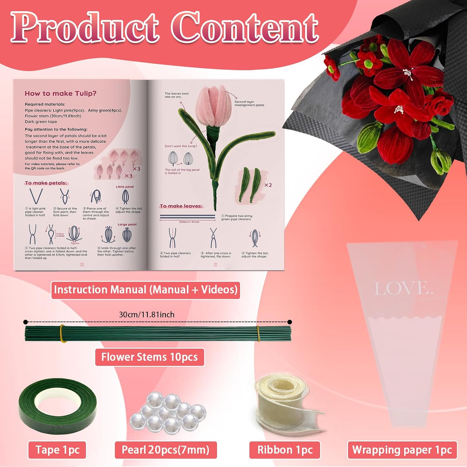 150pcs Red Pipe Cleaners Flower Kit, 3 Color Chenille Stems image 2