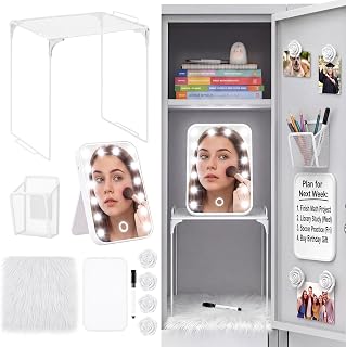 Crtiin 10 Pcs School Locker Organizer Set with Shelf and LED Mirror, White