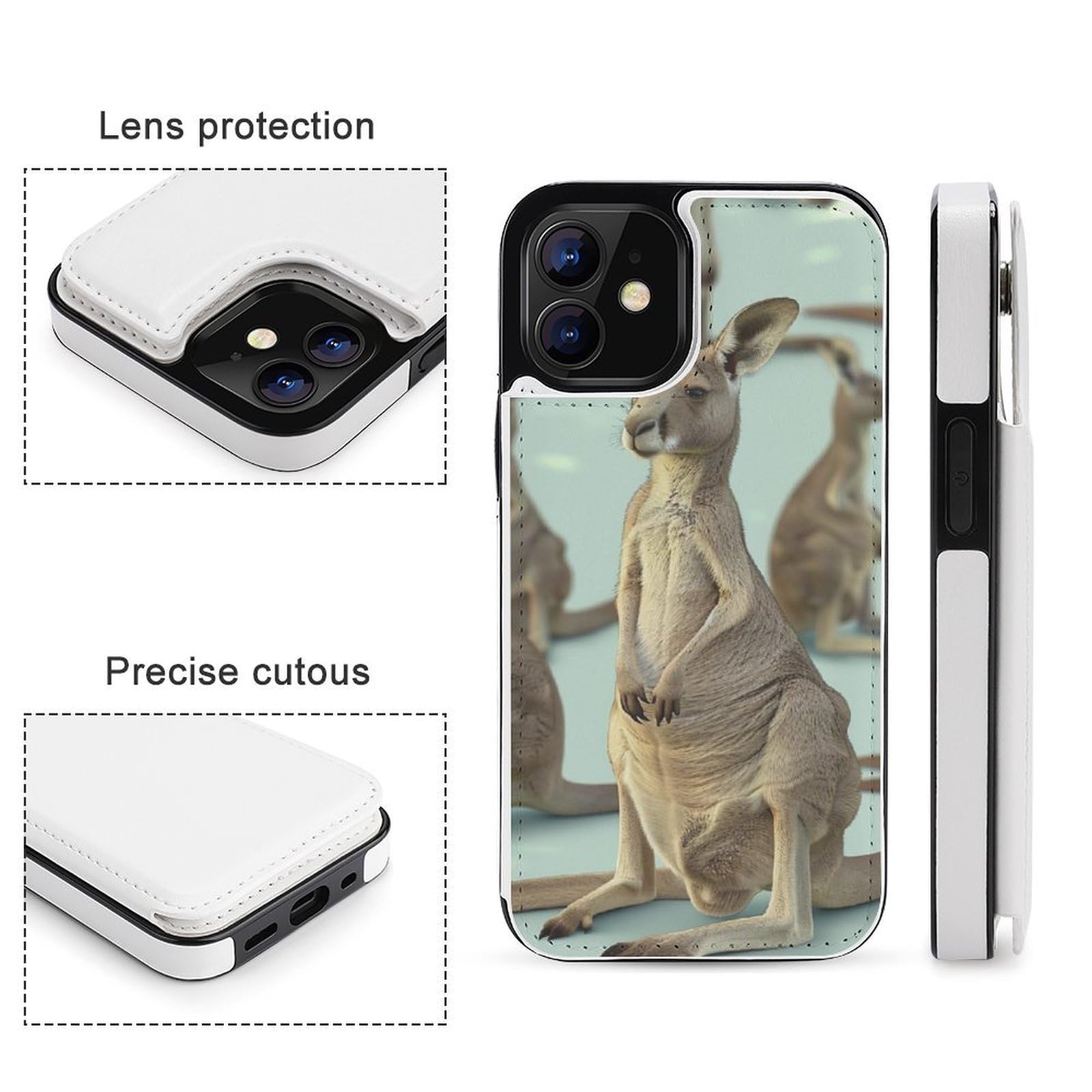 Fundas tipo cartera para iPhone 12, divertidas impresiones de zoológico de canguro, funda de piel con ranuras para tarjetas