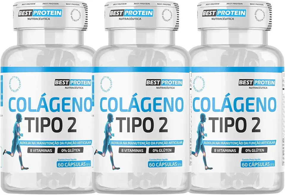 Kit 3x Colágeno Tipo 2 Joelho Articulação Manutenção da Função Articular Pote 60 Cáps Não Desnaturado Proteina 40 mg Rende 180 Doses + Vitamina B1 B2 B6 B12 C E D3 Matéria Prima Importada 100% Natural