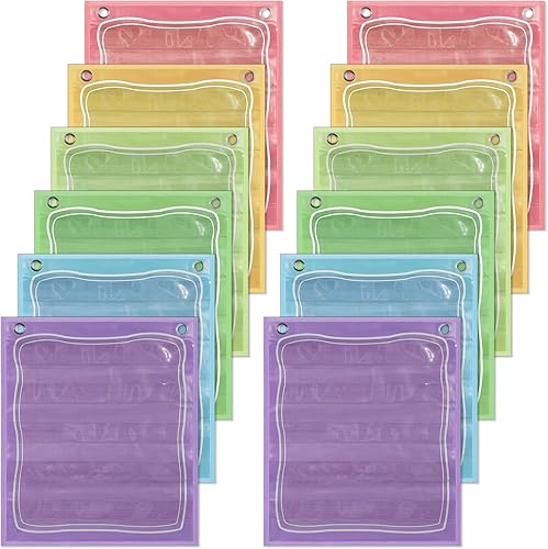 Teling 12 Pcs Pocket Chart for Classroom Painted Wood Pocket Chart for Kids Small Colorful Sentence Strips Pocket Chart Calendar Library Pockets for