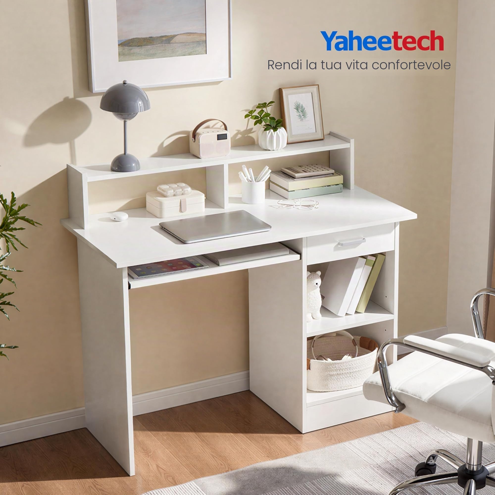 Yaheetech Scrivania per Computer Bianco Tavolo per PC da Studio con Cassetto Scrittoio con Libreria da Ufficio Salvaspazio Cameretta 106 x 50 x 94 cm