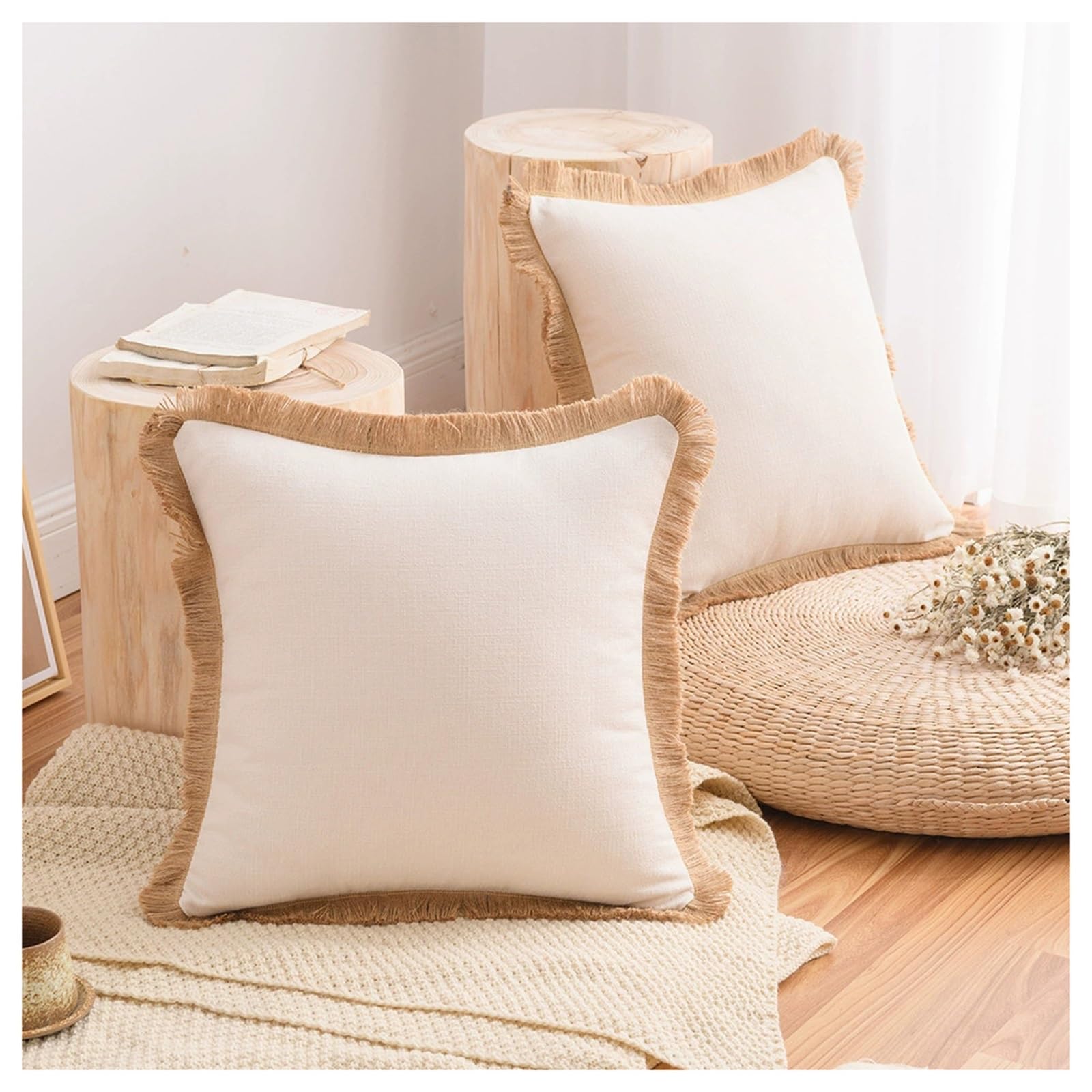 YUEZHONG Confezione Da 2 Federe Decorative In Lino Con Frange, Federe Boho Con Morbida Nappa, For Divano, Letto, Arredamento For La Casa(Cream)