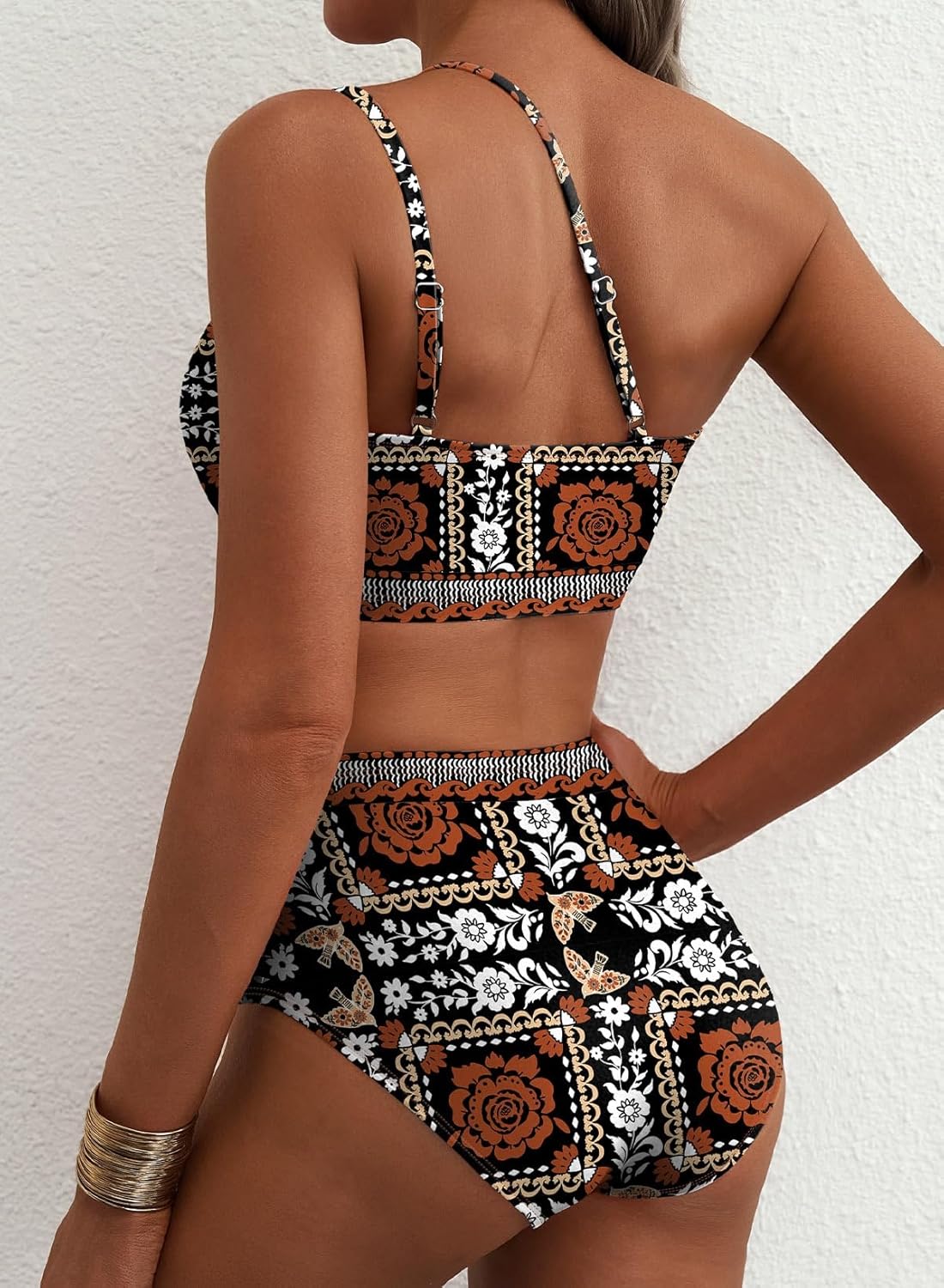 Herseas Women's High Waisted Bikini Sets One Shoulder Floral Print Swimsuits 2 piece Tummy Control Bathing Suits