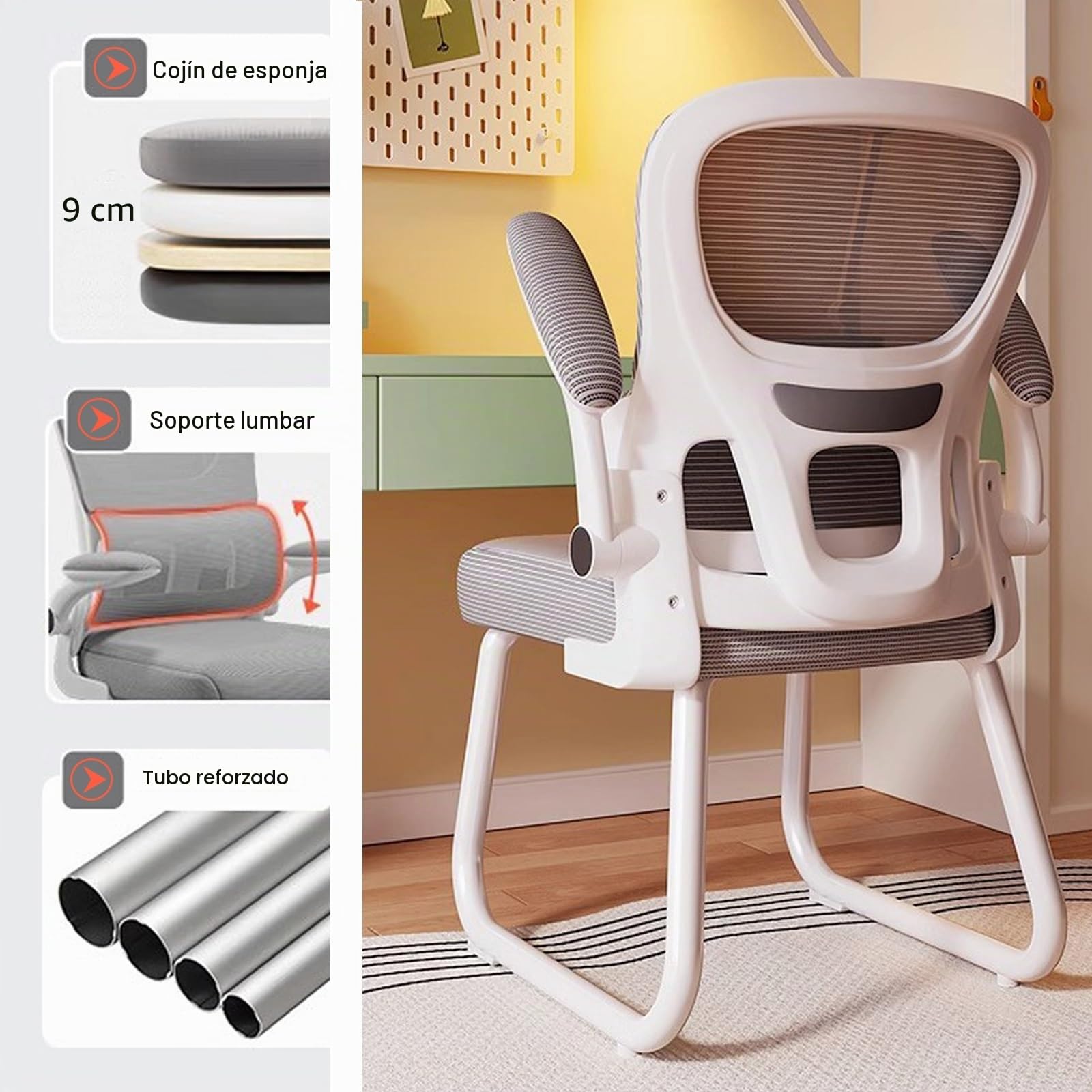 Silla Escritorio Sin Ruedas, Silla Oficina Ergonomica, Sillas Gamer de Malla, Silla Ordenador, Sillas de Trabajo con Soporte Lumbar, Adecuadas para el Hogar, Sala de Espera, Recepción, Conferencias(Bl