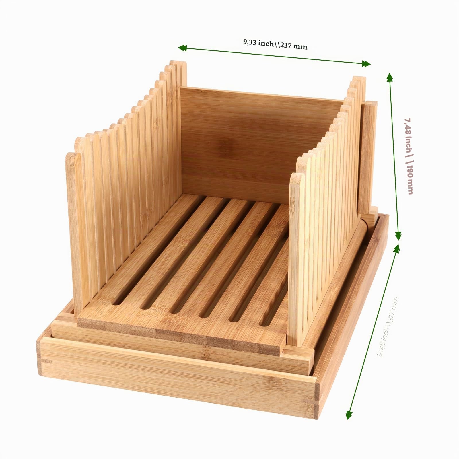 Trancheuse à pain en bambou, guide de tranchage de pain réglable, guide de tranchage de pain pliable avec plateau miettes, trancheuse à pain en bois pour pain fait maison, 31,7 x 23,7 x 19 cm