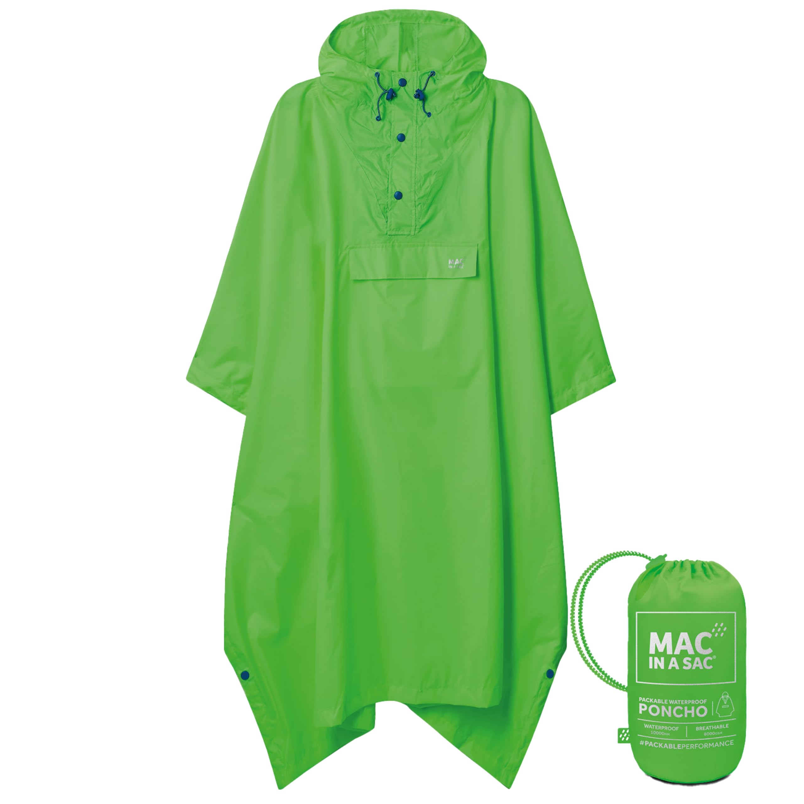 Mac in a Sac Składane ponczo przeciwdeszczowe dla mężczyzn i kobiet, lekkie, wiatroszczelne i oddychające, wodoodporna kurtka z kapturem i paskami na nadgarstek do jazdy na rowerze