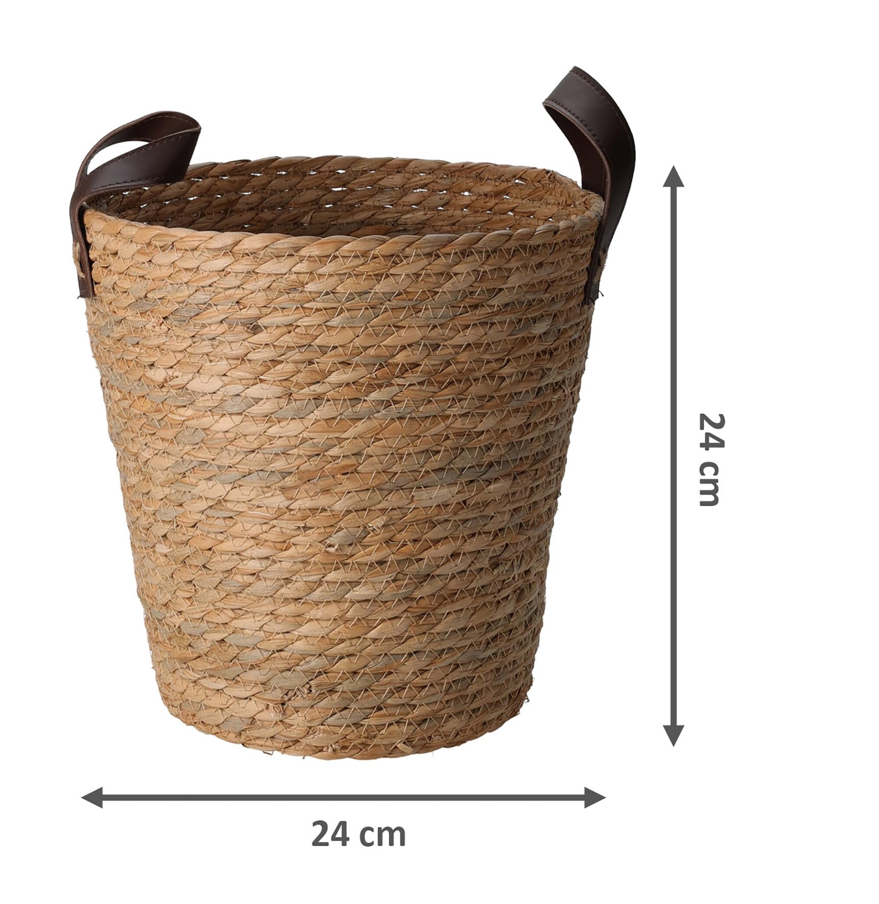 Spetebo Juego de 3 cestas de almacenamiento de algas marinas con asas, 30, 26, 24 cm, juego de cestas de fibras naturales robustas, cesta con asas de piel sintética, multiusos, estantería decorativa