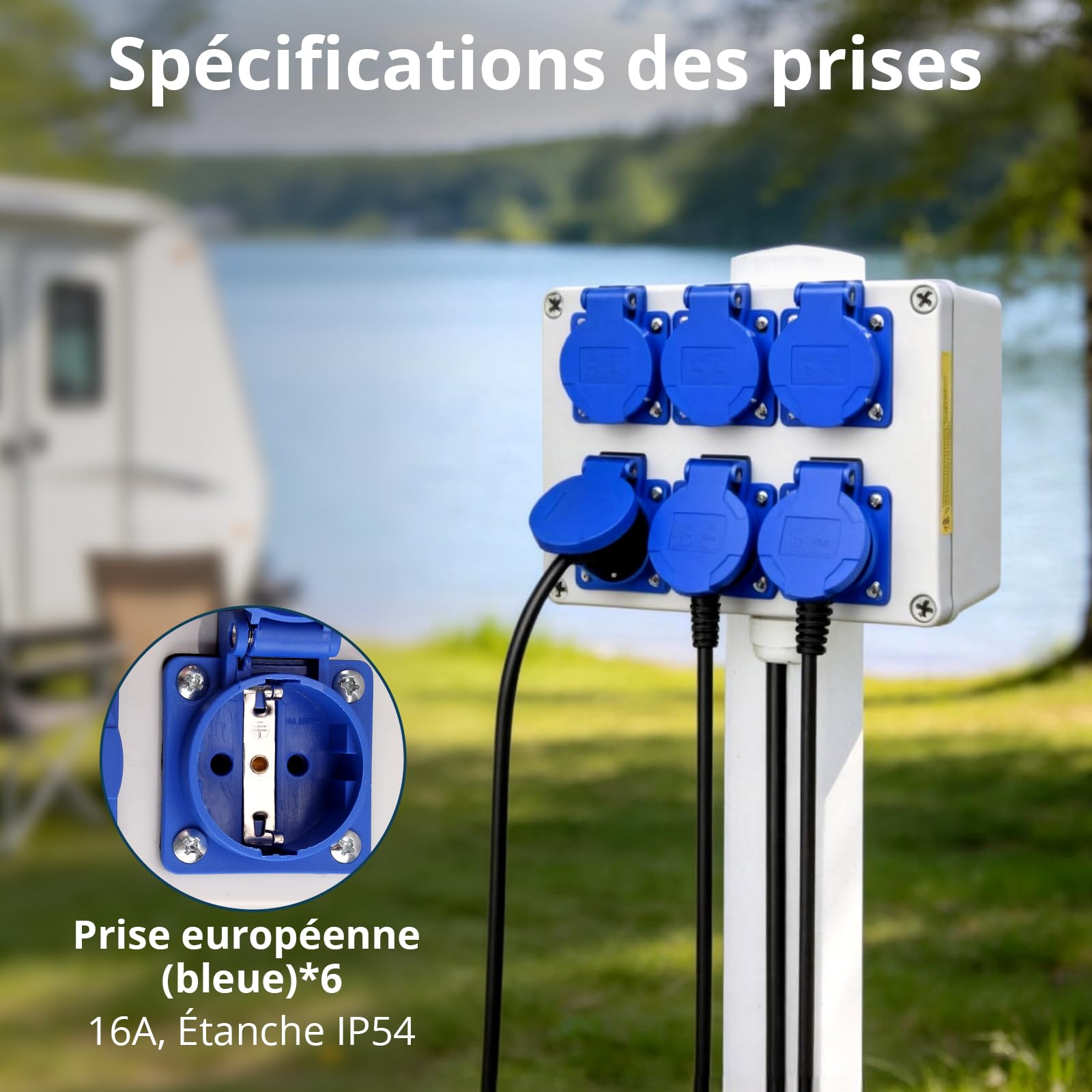 Distributeur d'alimentation mural 6 prises 16A 220V IP54, répartiteur de courant étanche pour usage intérieur et extérieur, idéal pour chantier, atelier et garage
