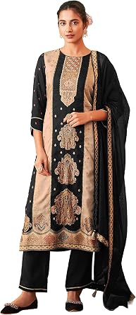 Janasya Indian Womens Silk Blend Black Jacquard Festive Wear Kurta Set for Women
