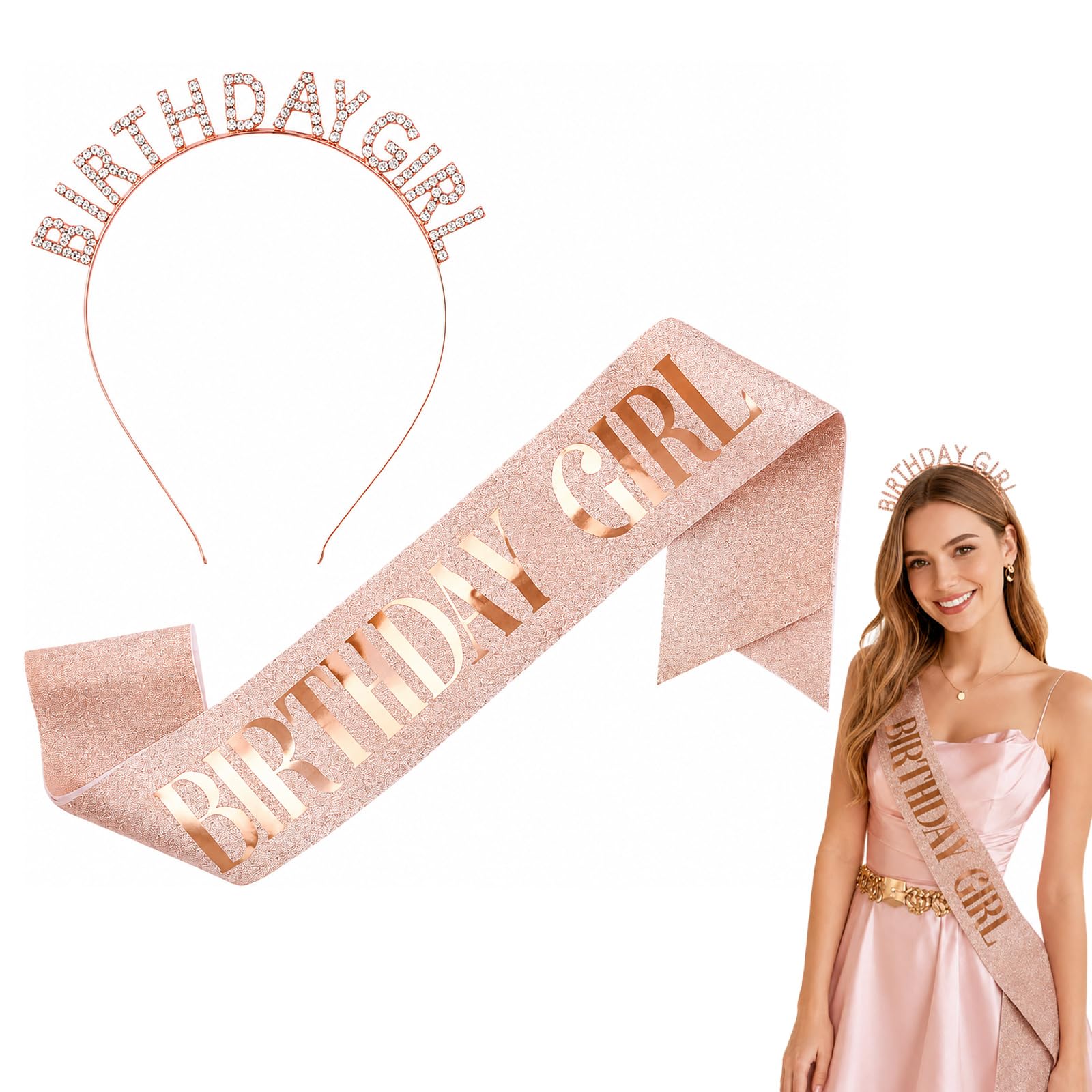 Birthday Sash And Tiara Set - Shimmering Crown Headband With Coordinated Birthday Sash, Lightweight Secure Fit Party Accessories For Women Girls Princess Queen Celebration Photos (Rose Gold Girl)
