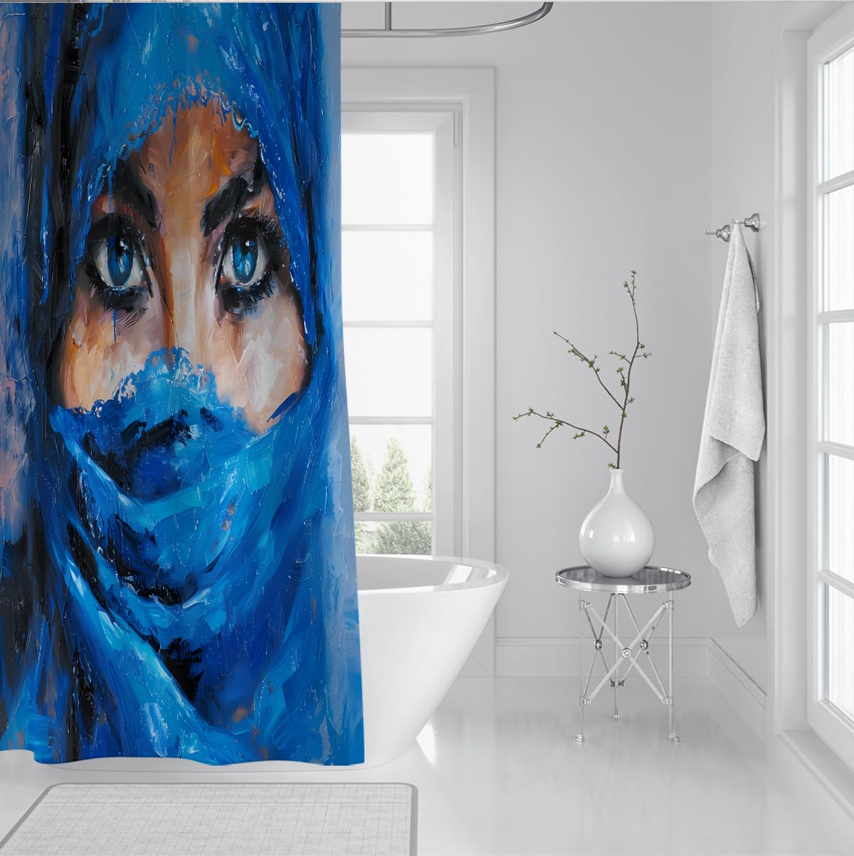 Mystische Frauenfigur Duschvorhang mit ausdrucksstarker Augenkunst Wasserdichter Polyester-Badevorhang für künstlerisches Badezimmer Maschinenwaschbares Blau 200 x 240 cm
