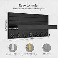 Vista 2 de Soporte para llaves de pared, llave de entrada y soporte para correo con 7 ganchos resistentes para lentes de sol, correa de perro, estante Negro