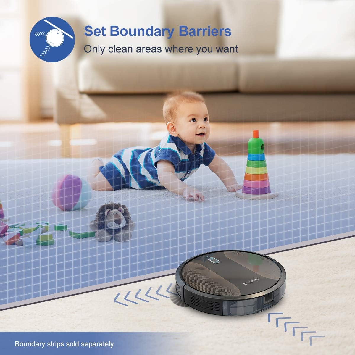 Robot vacuum with a water tank and mop attachment cleaning a wooden floor, leaving a wet trail.