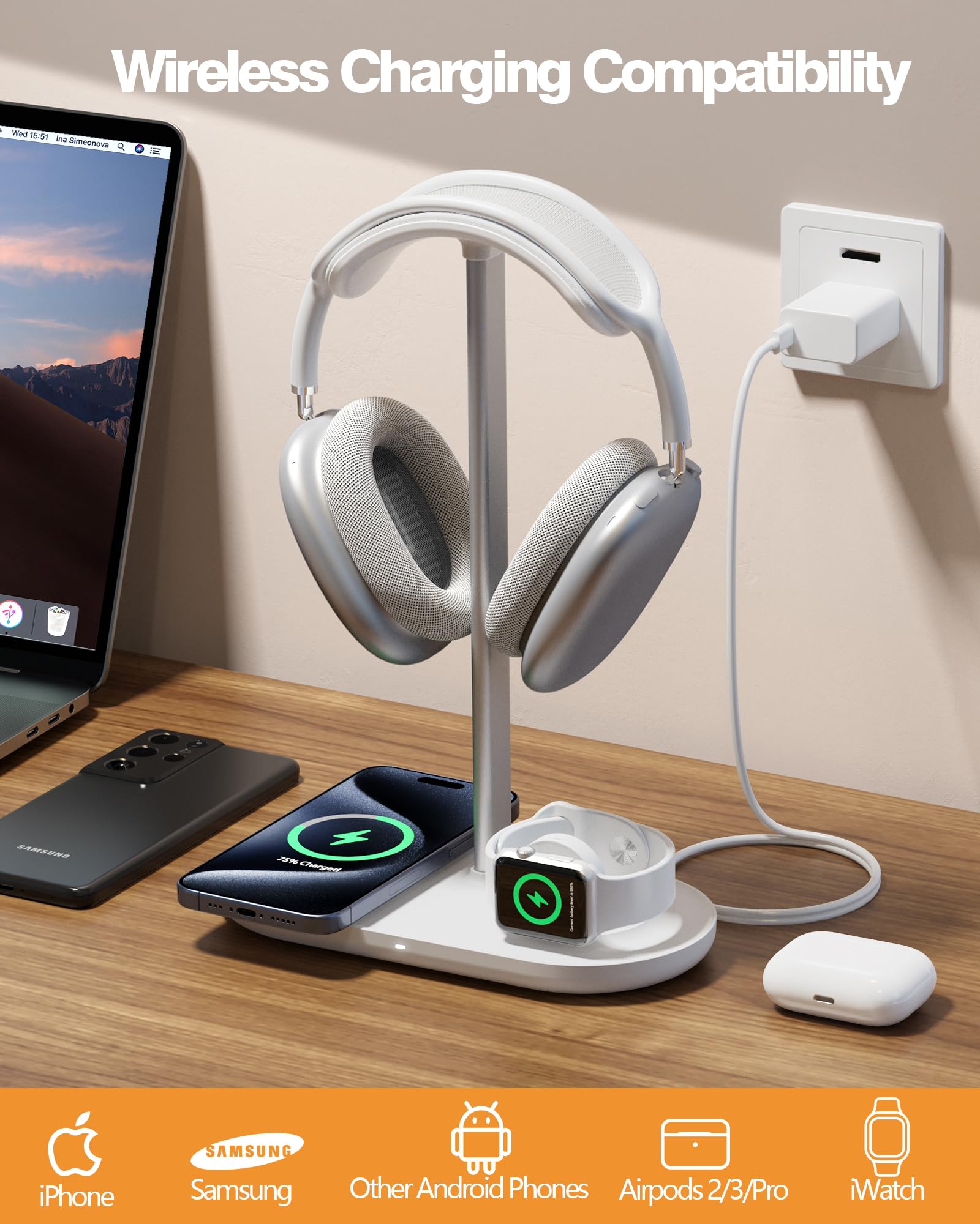 Supporto per cuffie, doppio supporto per controller, caricatore MagSafe per iPhone/iWatch | Supporto per cuffie da gioco RGB per tutte le cuffie, doppia uscita, base solida in ABS, adattatore incluso