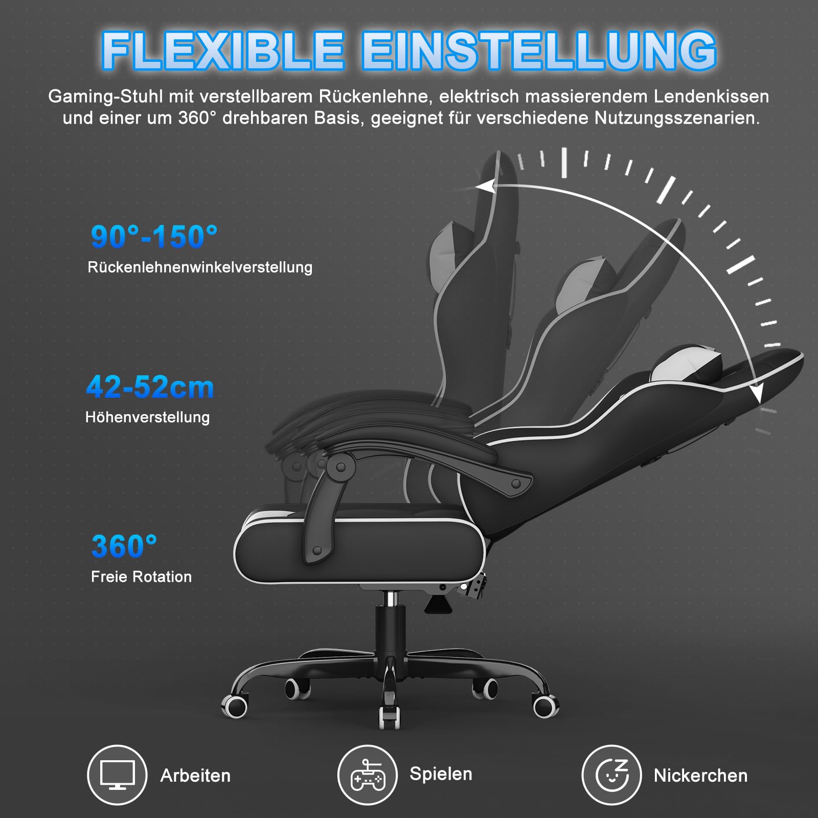 Devoko Gaming Stuhl mit Massagefunktion, Bürostuhl Ergonomisch mit Verstellbarer Ruckenlehne (90-135), Schreibtischstuhl mit Bewegliche Armlehne, max 135kg, Schwarz Weiß