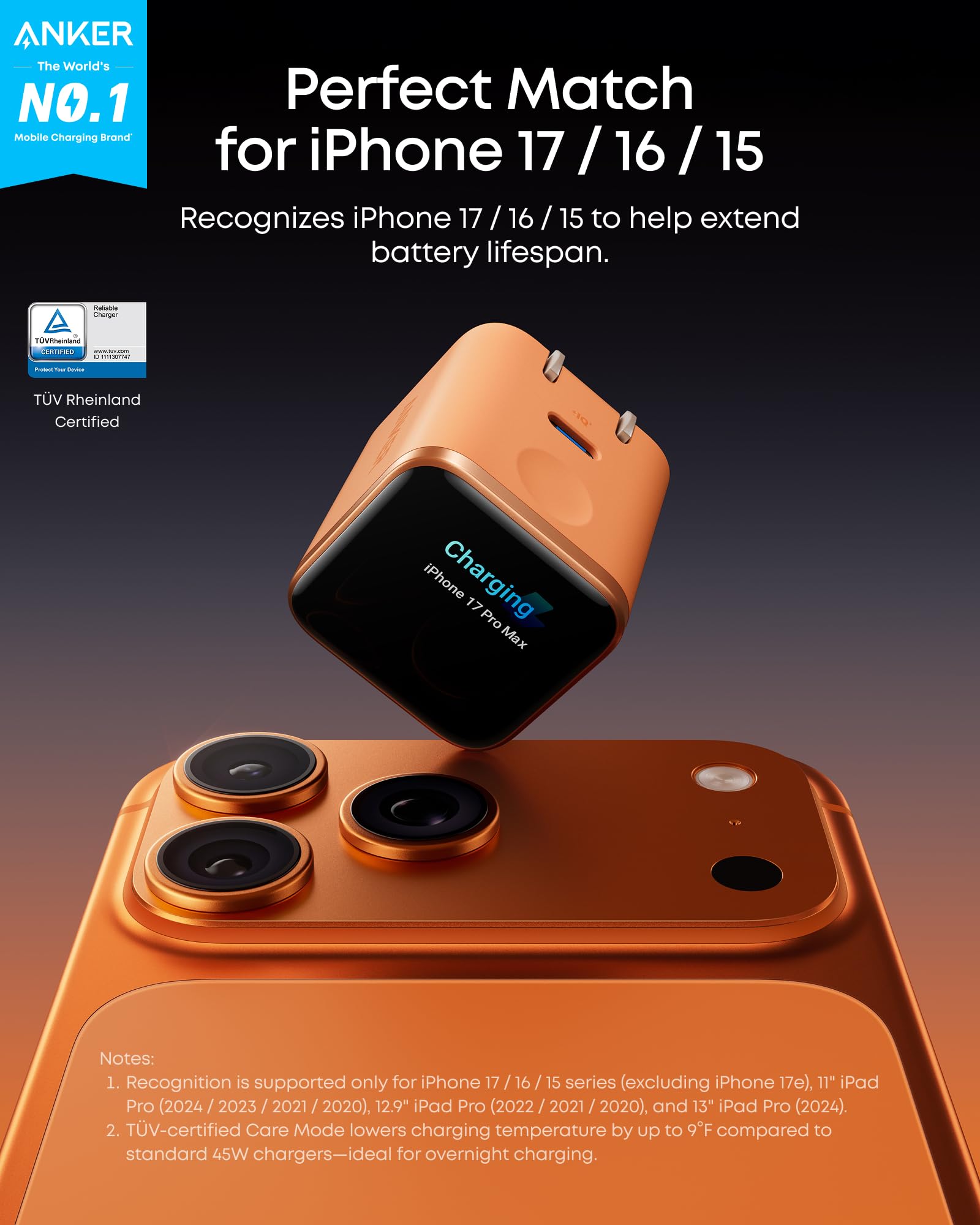 Anker Nano USB C Charger,45W USB C Charger Block with Smart Display,180°Foldable Plug,Smart Recognition,Built-in Care Mode,for iPhone17/16/15 (Non-Battery,One USB-C Port,No Cable Included) - 3