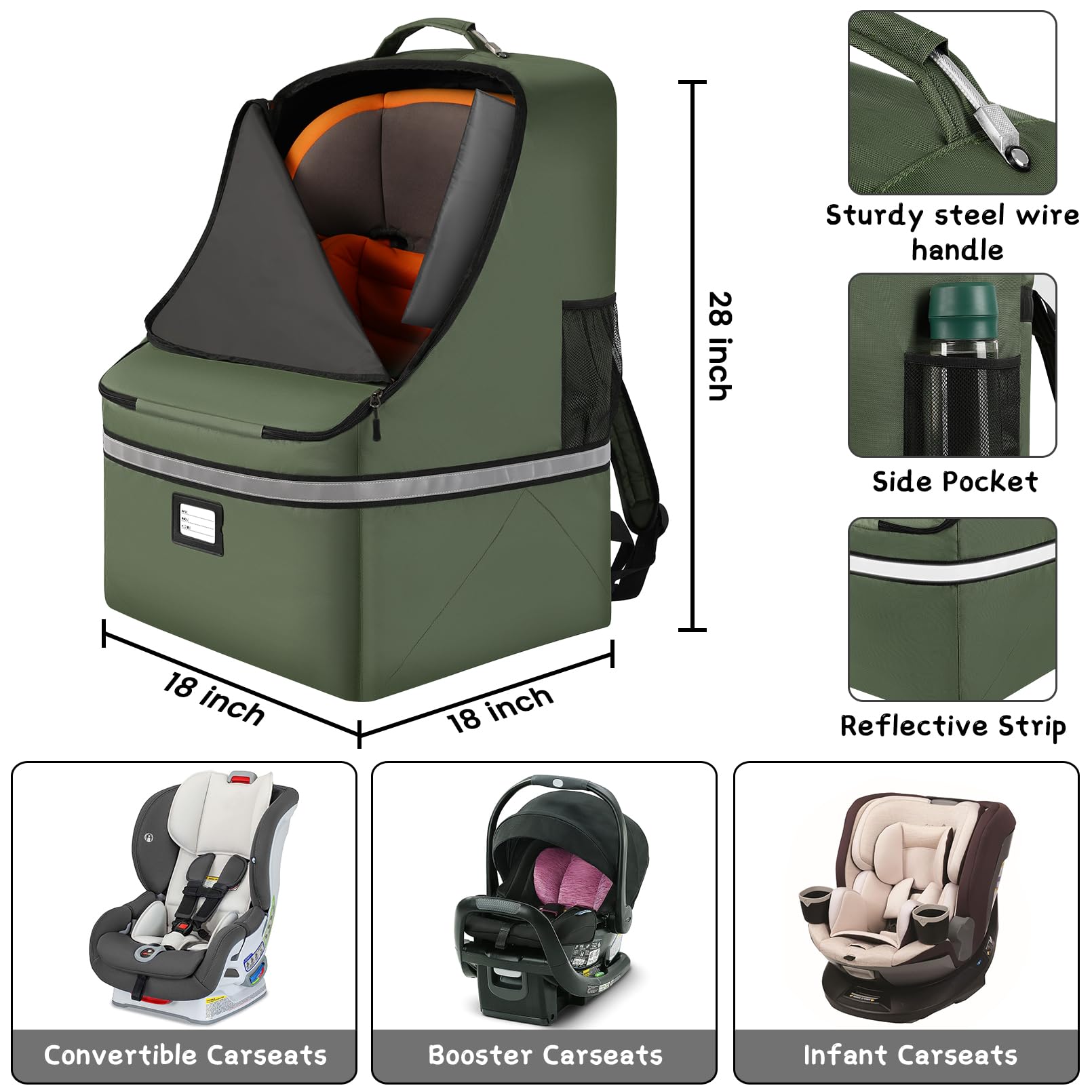 SINVICKO Sac de voyage rembourré pour siège de voiture - Grand sac de contrôle pour portail d'aéroport - Vert - 45,7 x 45,7 x 71,1 cm